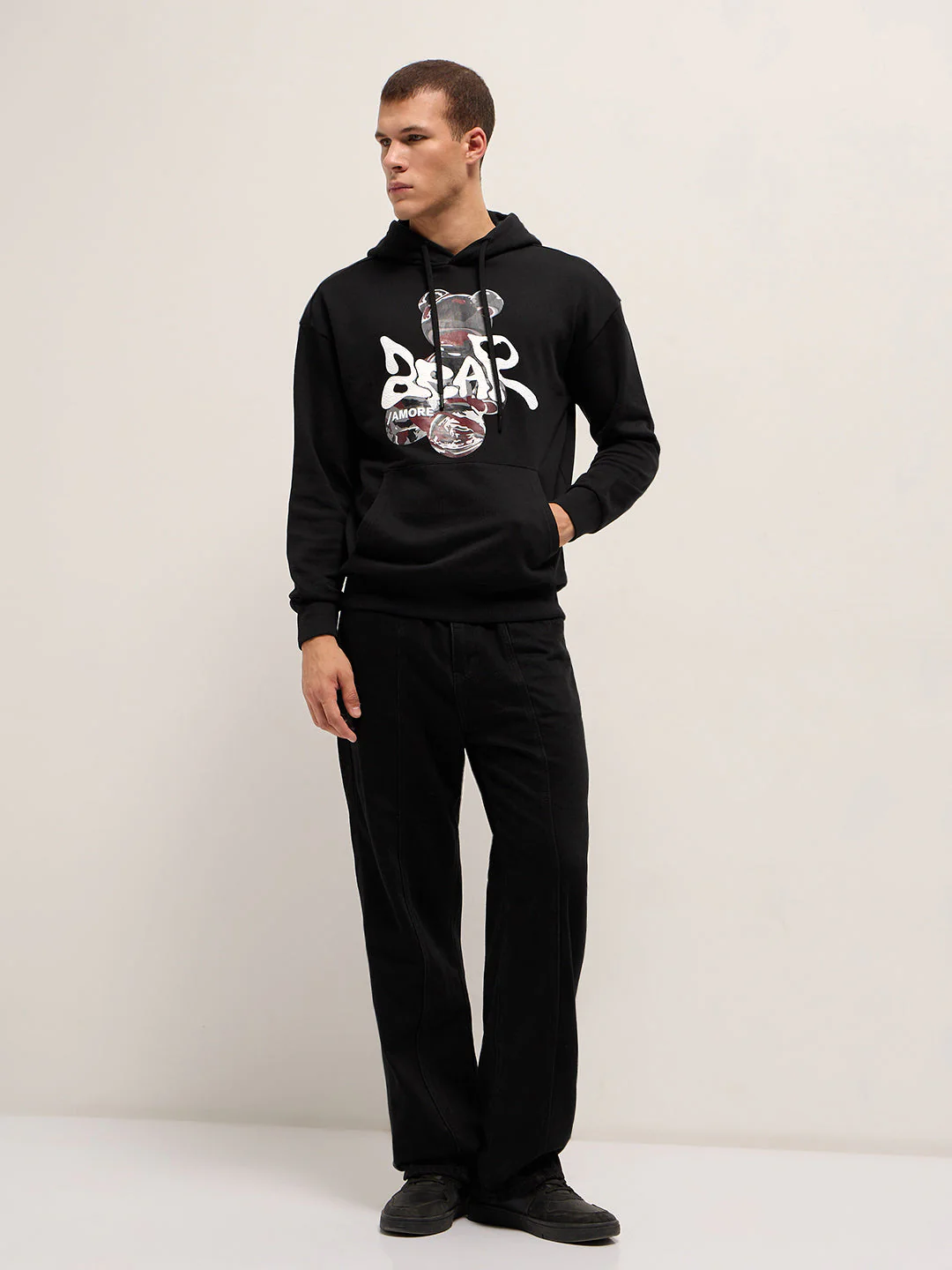 Men Black Relaxed Fit Hoodie - Image 4