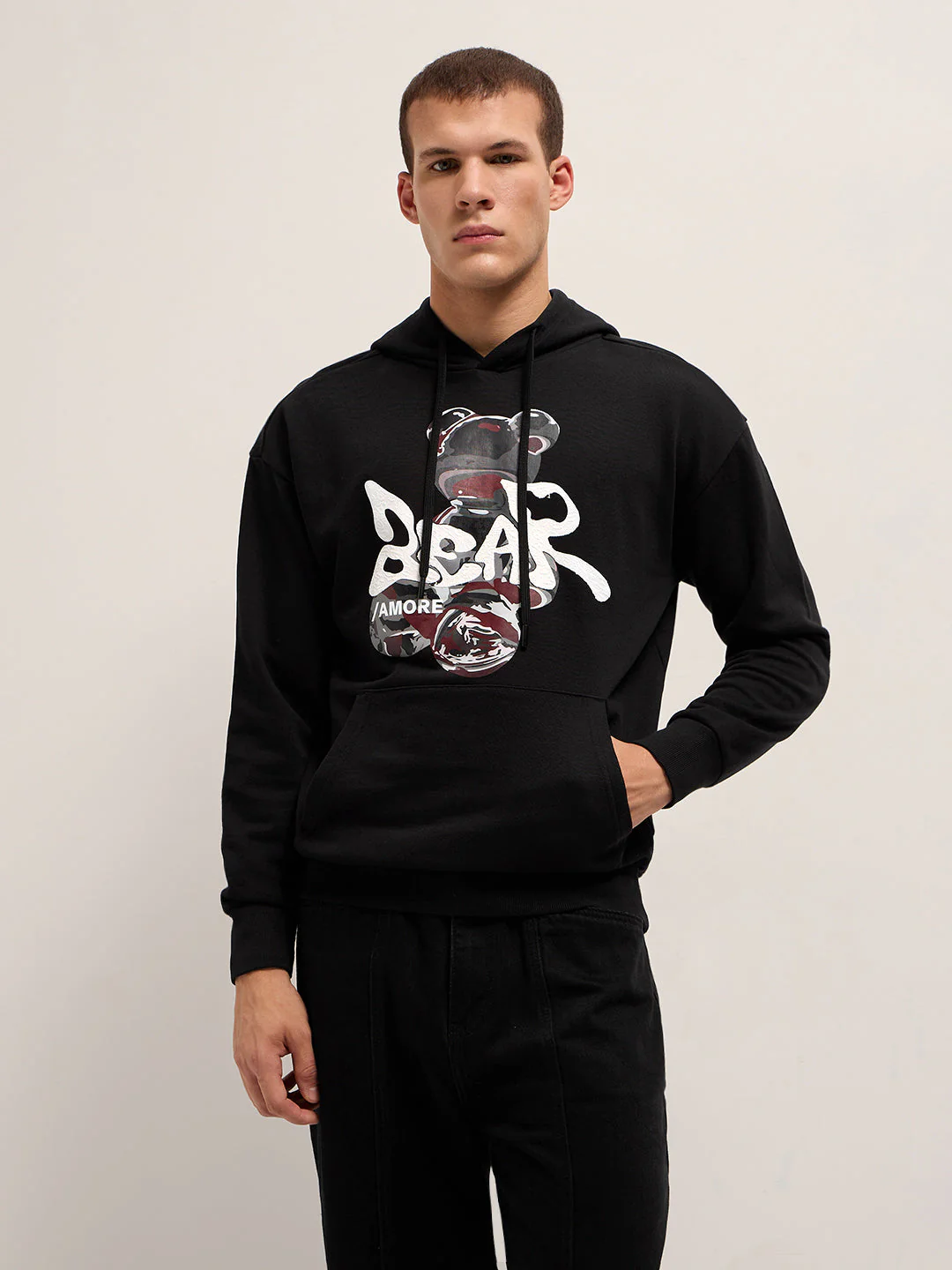 Men Black Relaxed Fit Hoodie - Image 6