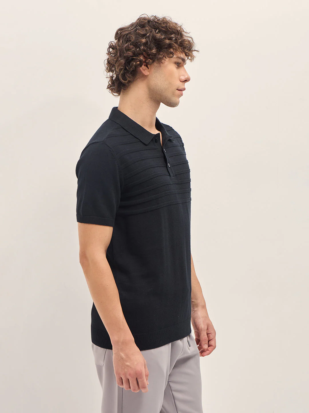 Men Black Ribbed horizontal textured Regular Fit Polo T-shirt - Image 3
