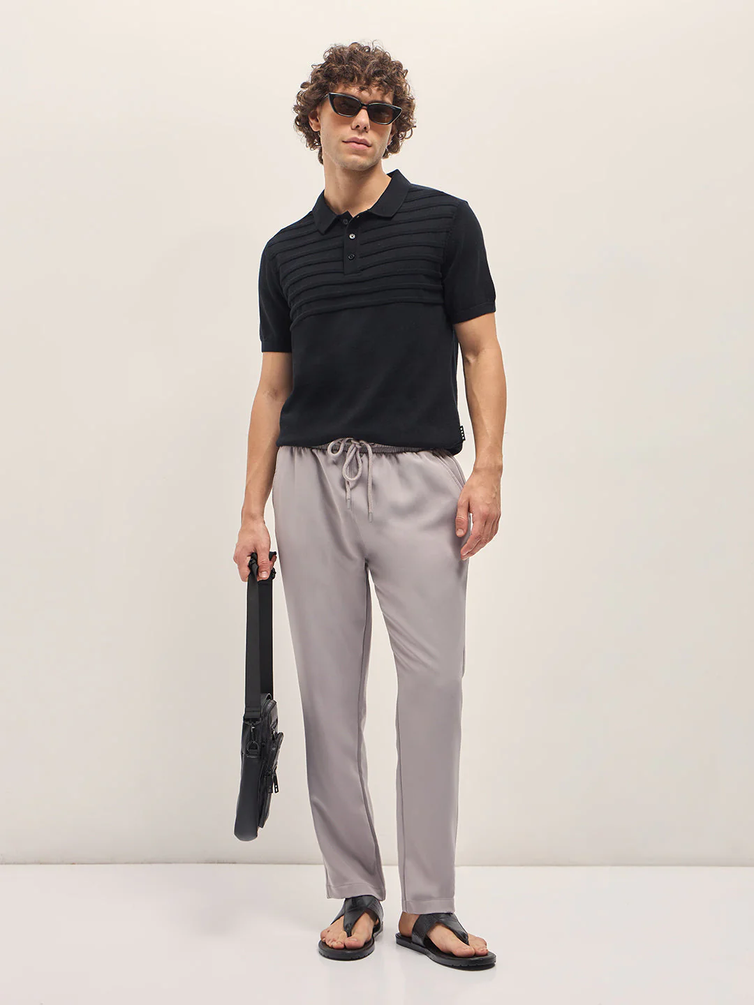 Men Black Ribbed horizontal textured Regular Fit Polo T-shirt - Image 4
