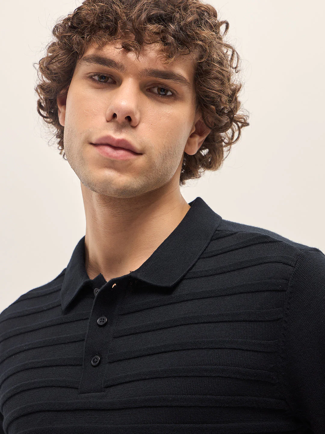 Men Black Ribbed horizontal textured Regular Fit Polo T-shirt - Image 5
