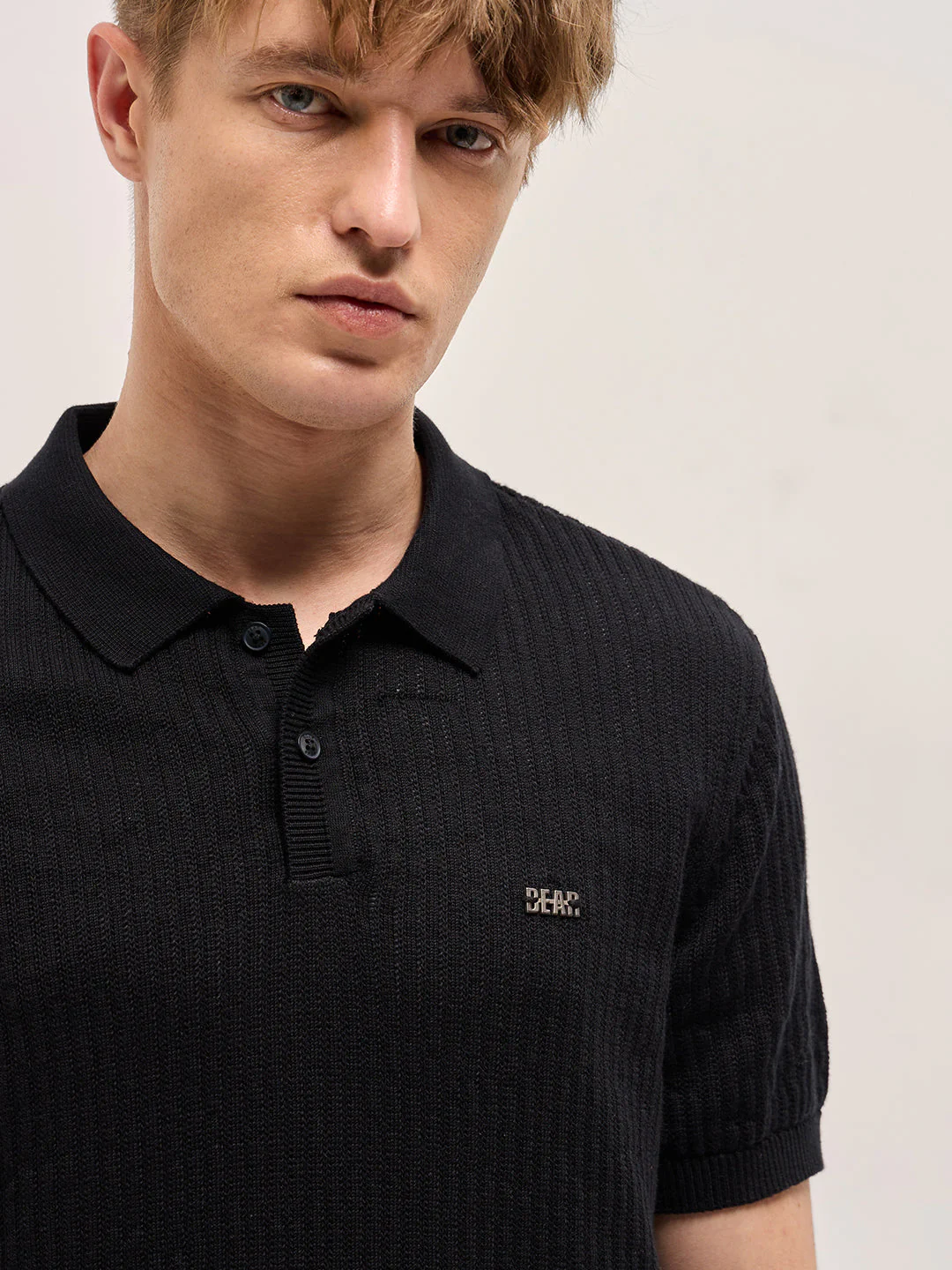 Men Black Ribbed Texture Design Slim Fit Polo - Image 5