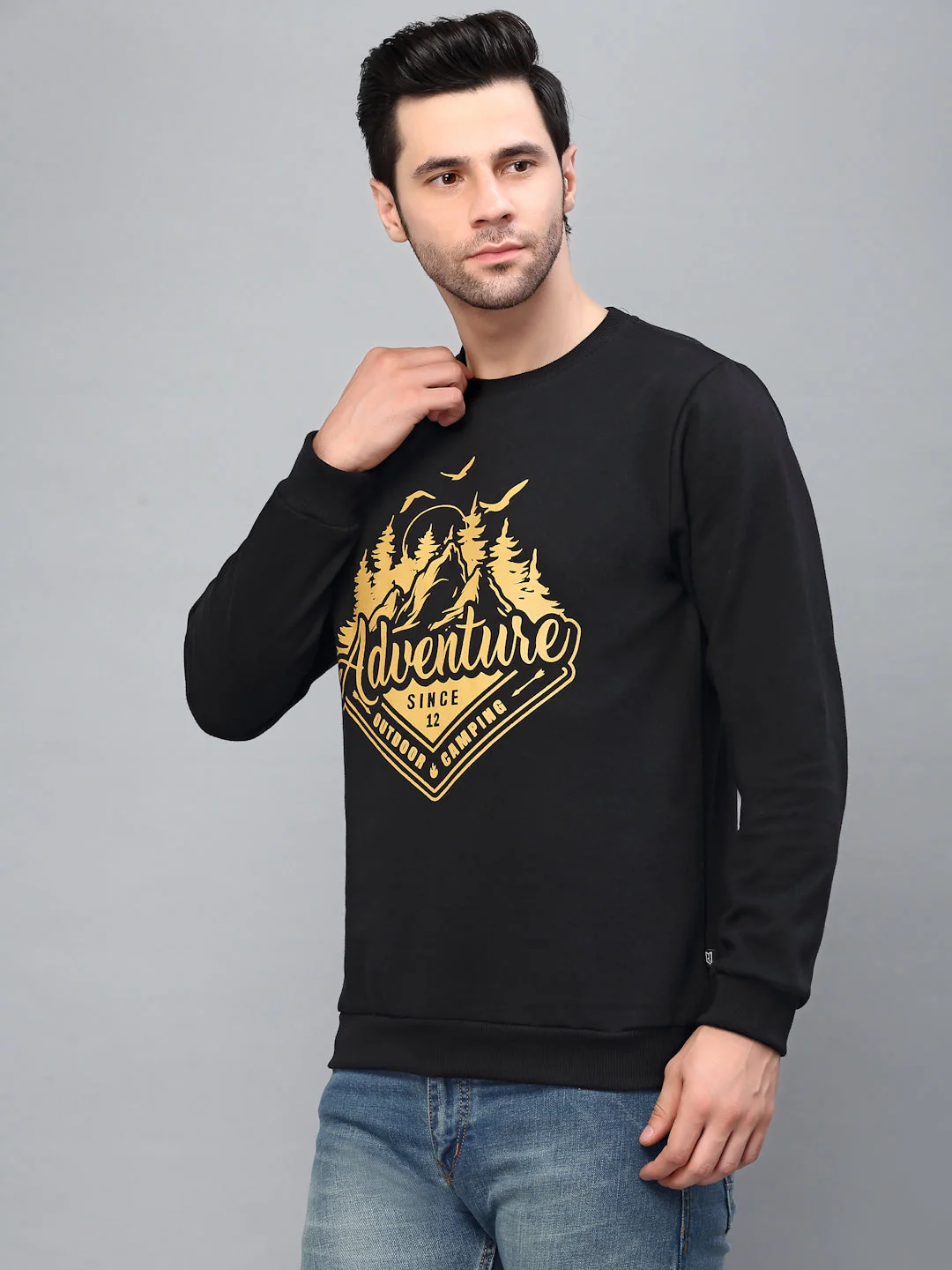 Men Black Round Neck Printed Fleece Sweatshirt - Image 2