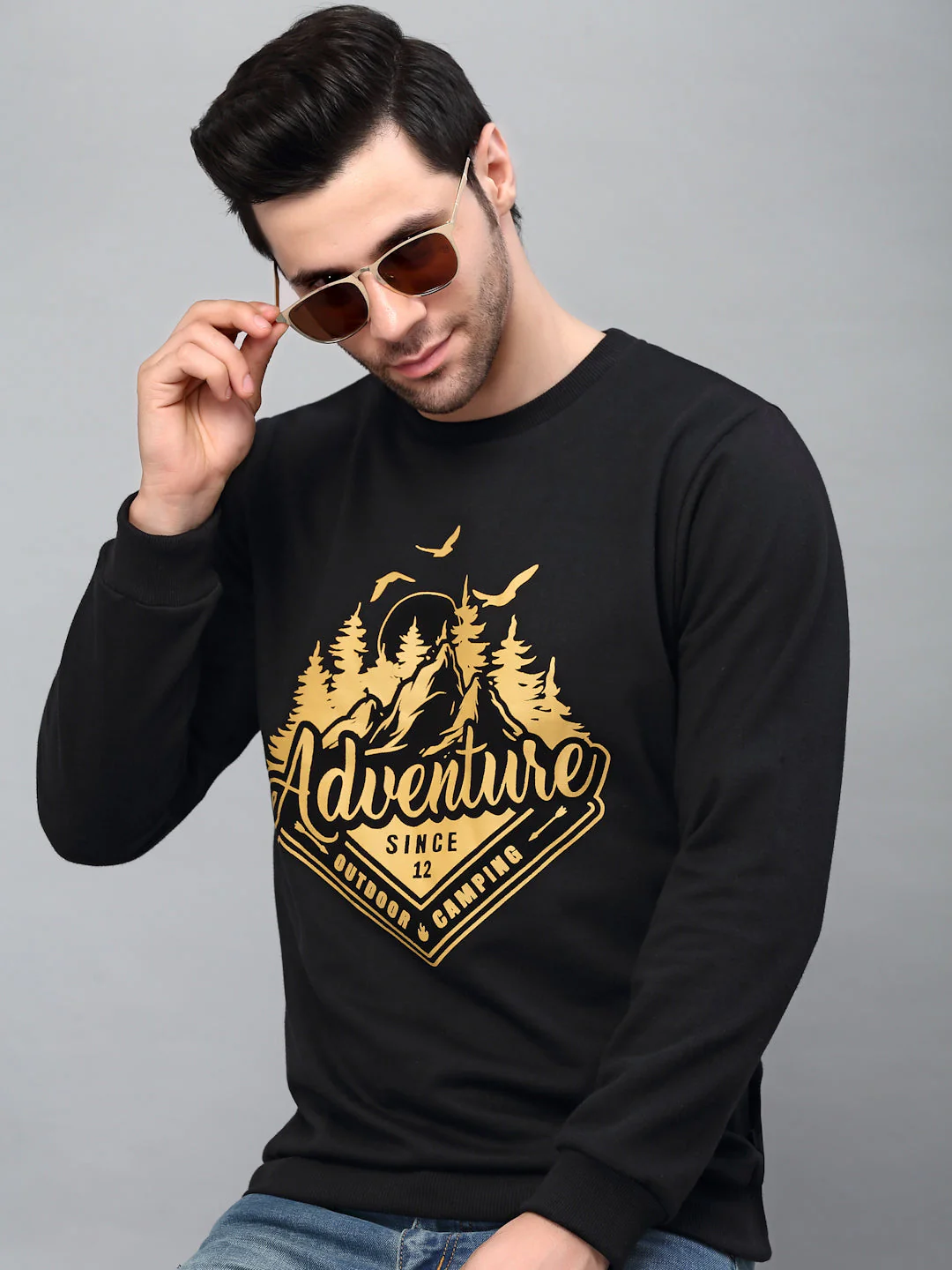 Men Black Round Neck Printed Fleece Sweatshirt - Image 3