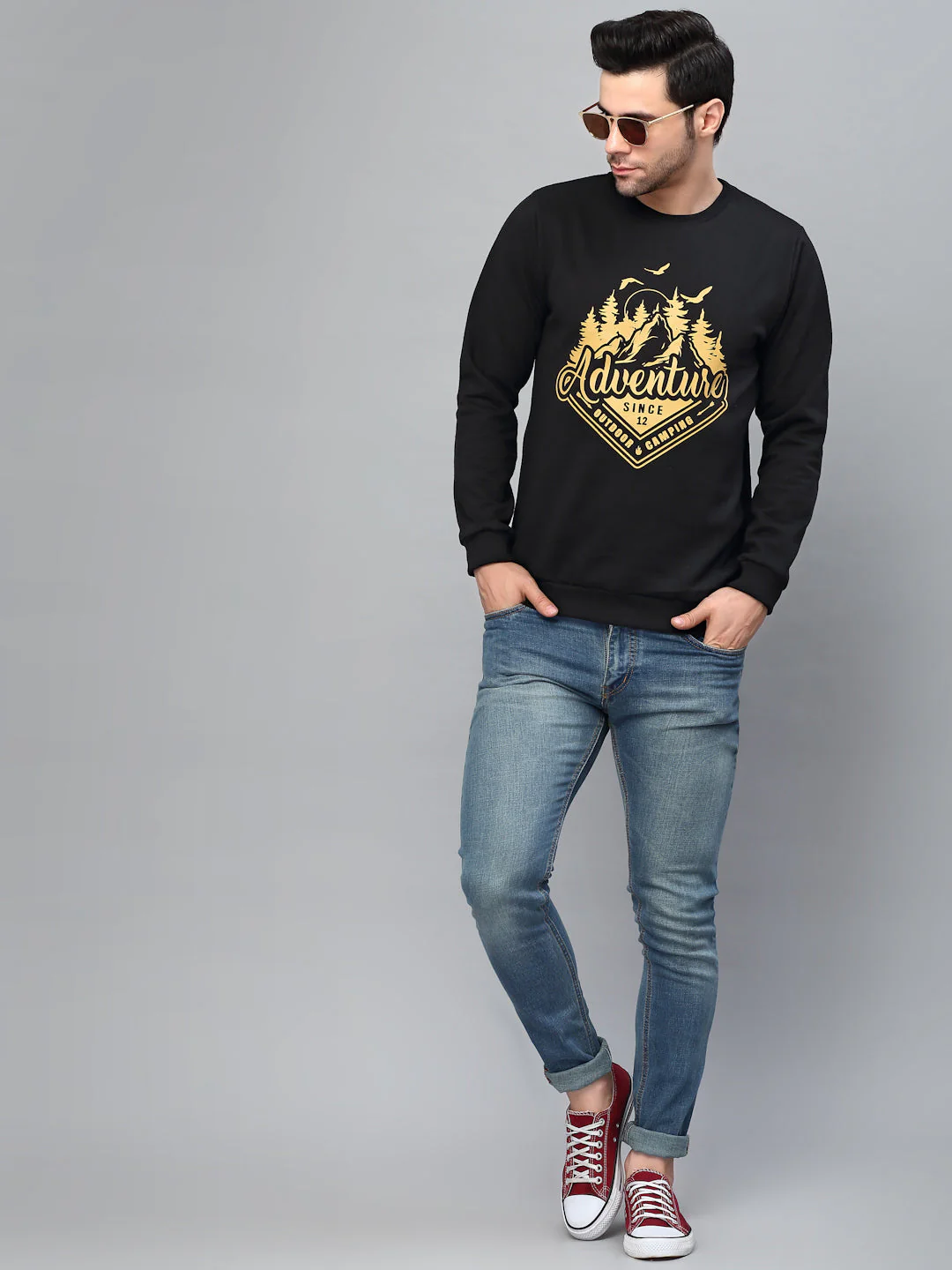 Men Black Round Neck Printed Fleece Sweatshirt - Image 4