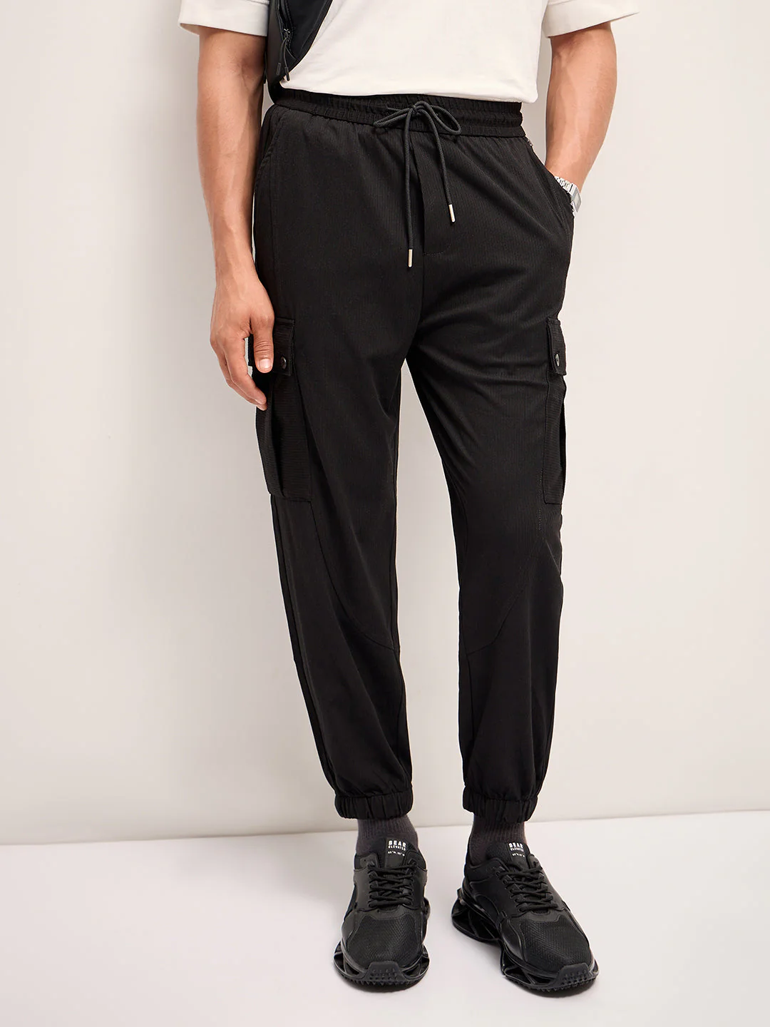 Men Black Self Design Regular Fit Cargo Pant - Image 7