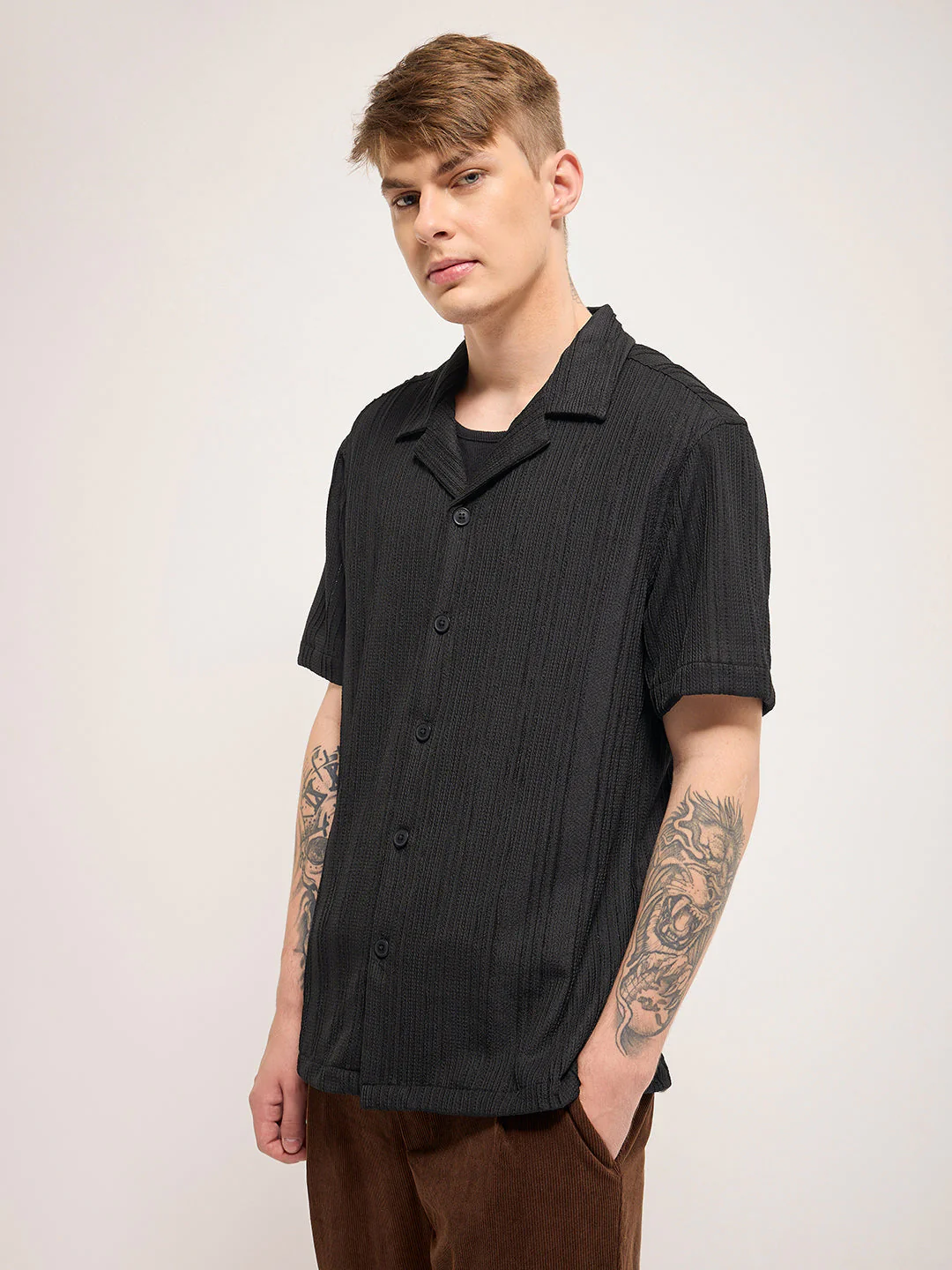 Men Black Self Design Regular Fit Casual Shirt - Image 3