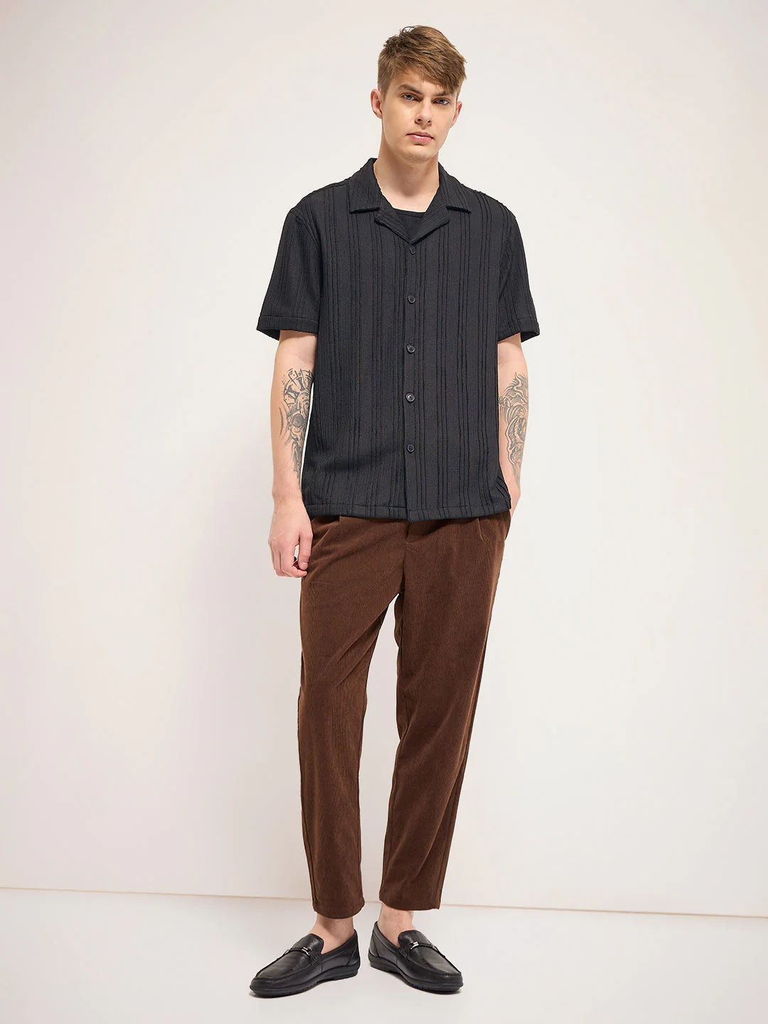 Men Black Self Design Regular Fit Casual Shirt - Image 5