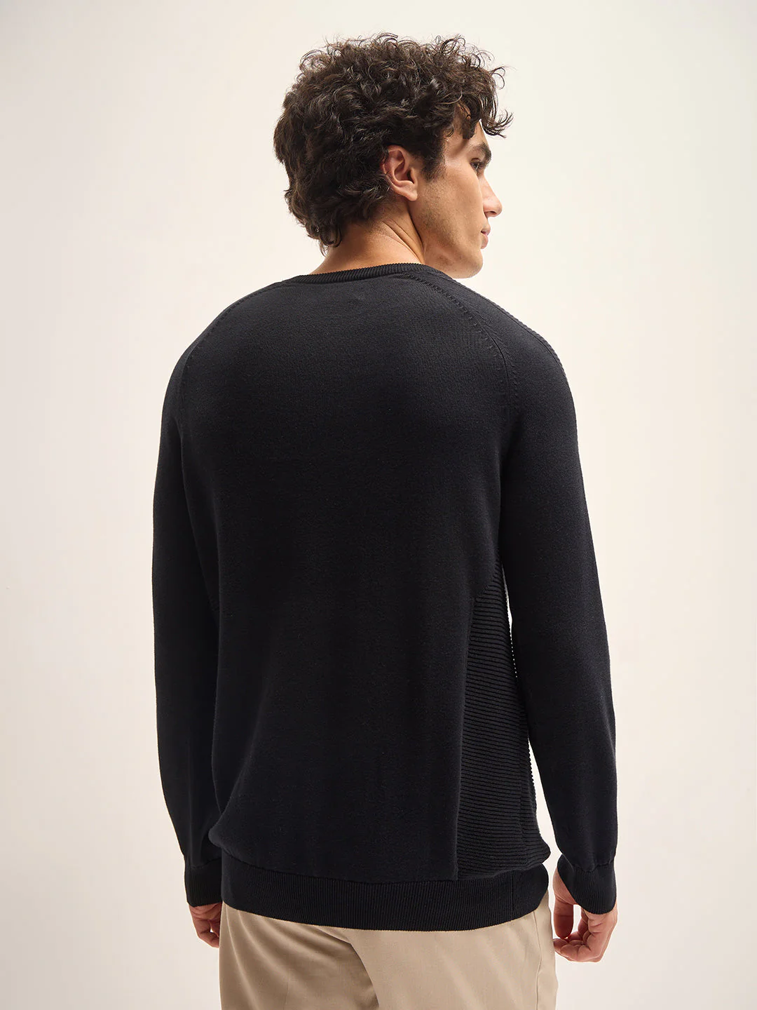Men Black Self Design Regular Fit Crew Neck T-Shirt - Image 2