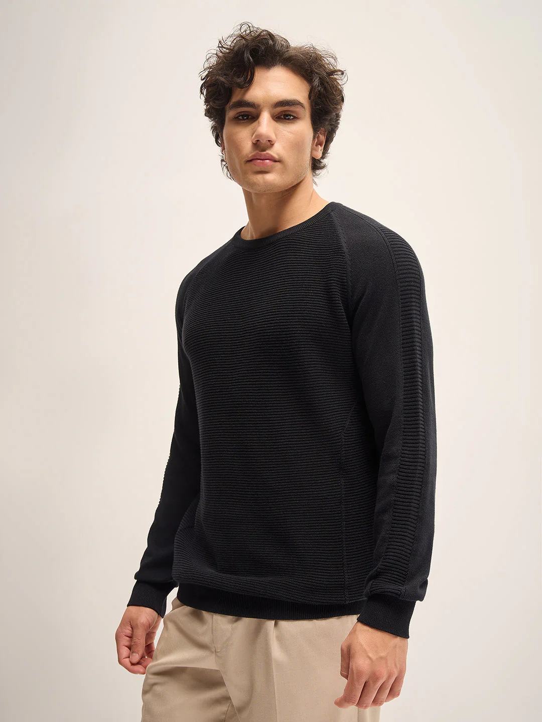 Men Black Self Design Regular Fit Crew Neck T-Shirt - Image 3