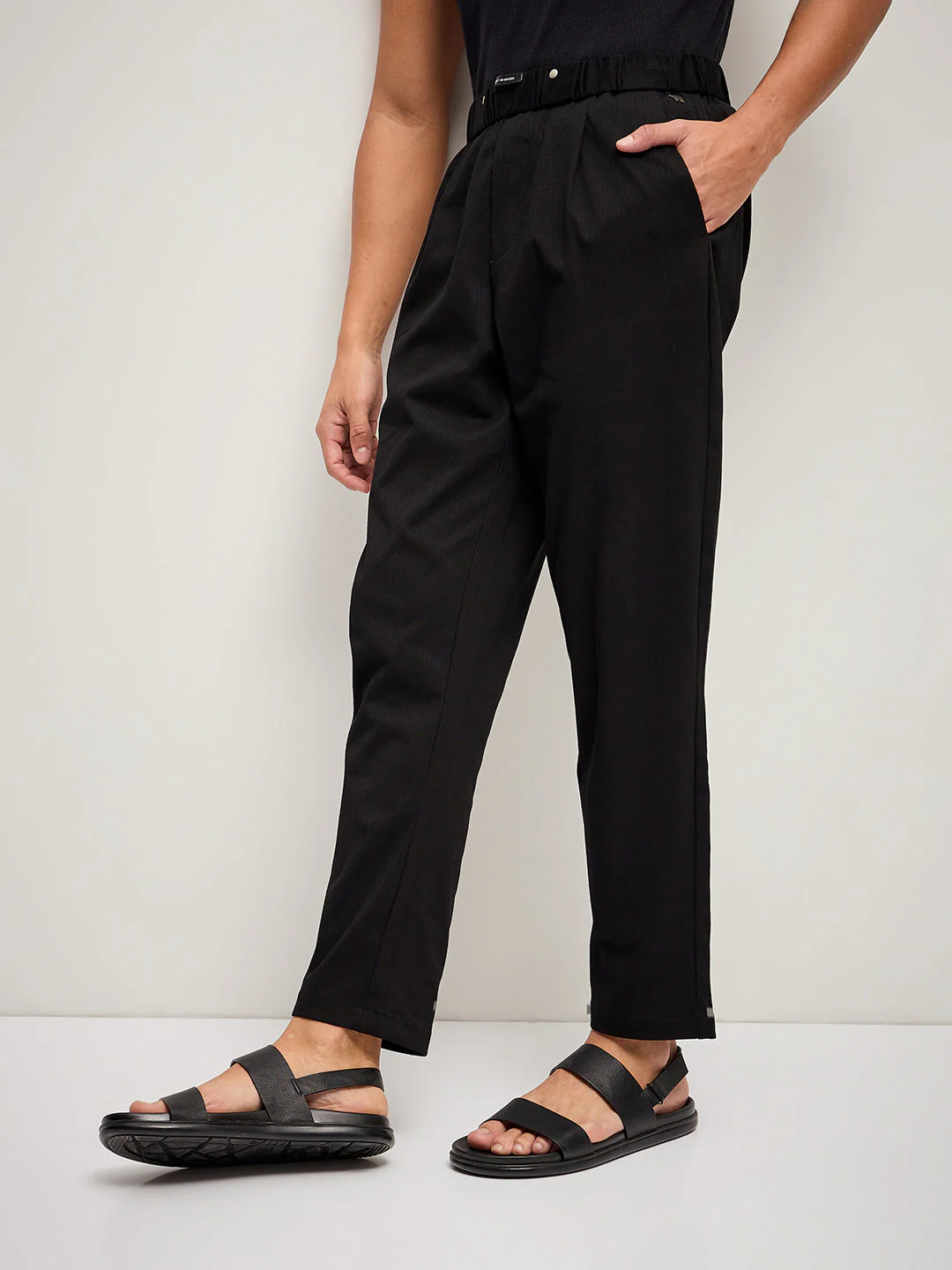 Men Black Self Design Regular Fit Mid-Rise Casual Pant - Image 3