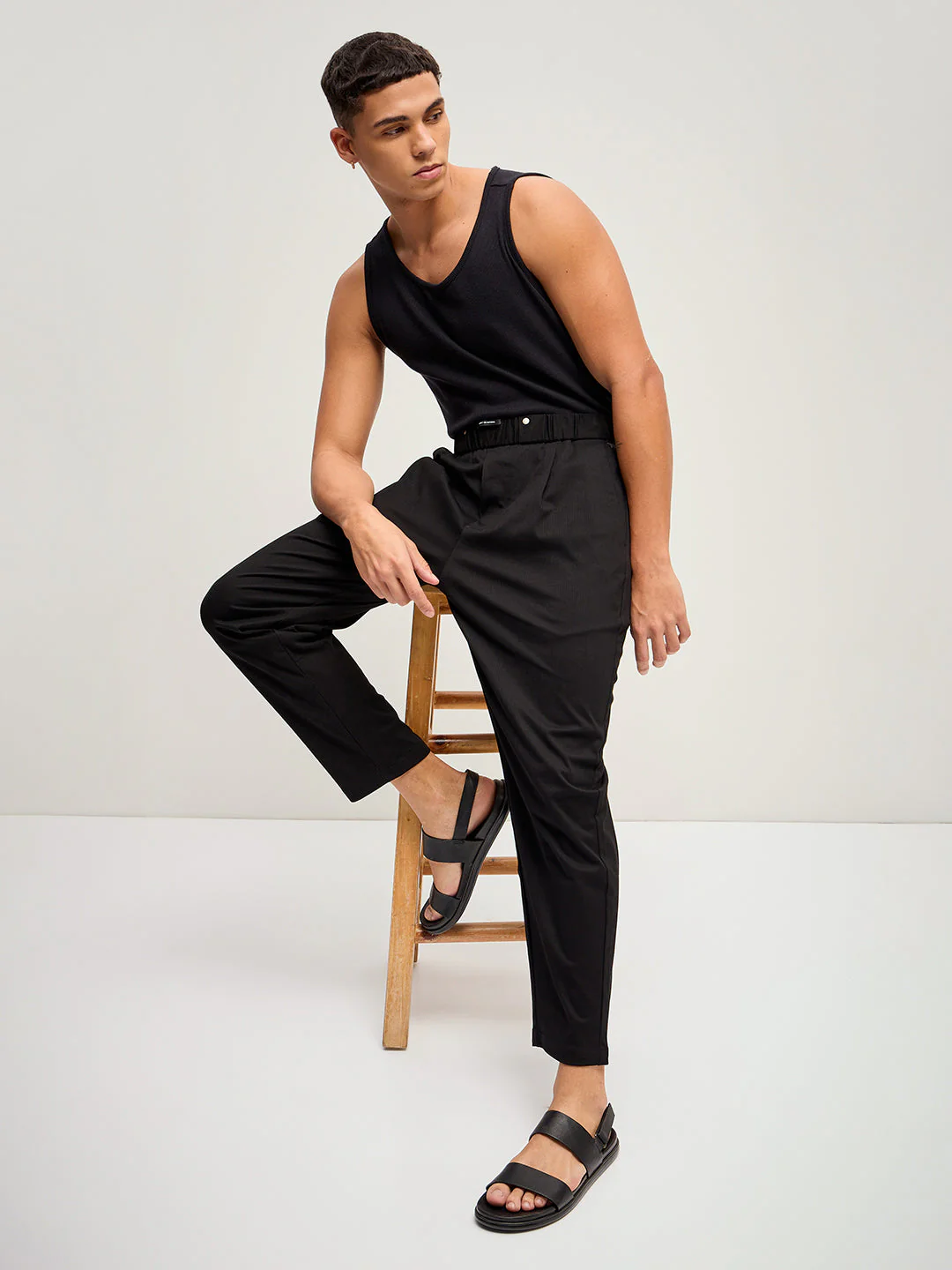 Men Black Self Design Regular Fit Mid-Rise Casual Pant - Image 7