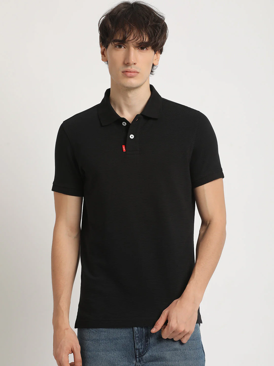 Men Black Self Design Regular Fit Polo Collar Tshirt - Image 2