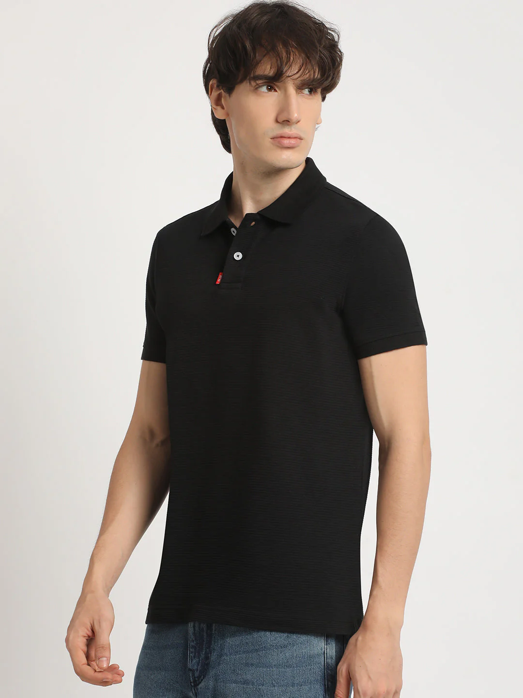 Men Black Self Design Regular Fit Polo Collar Tshirt - Image 3