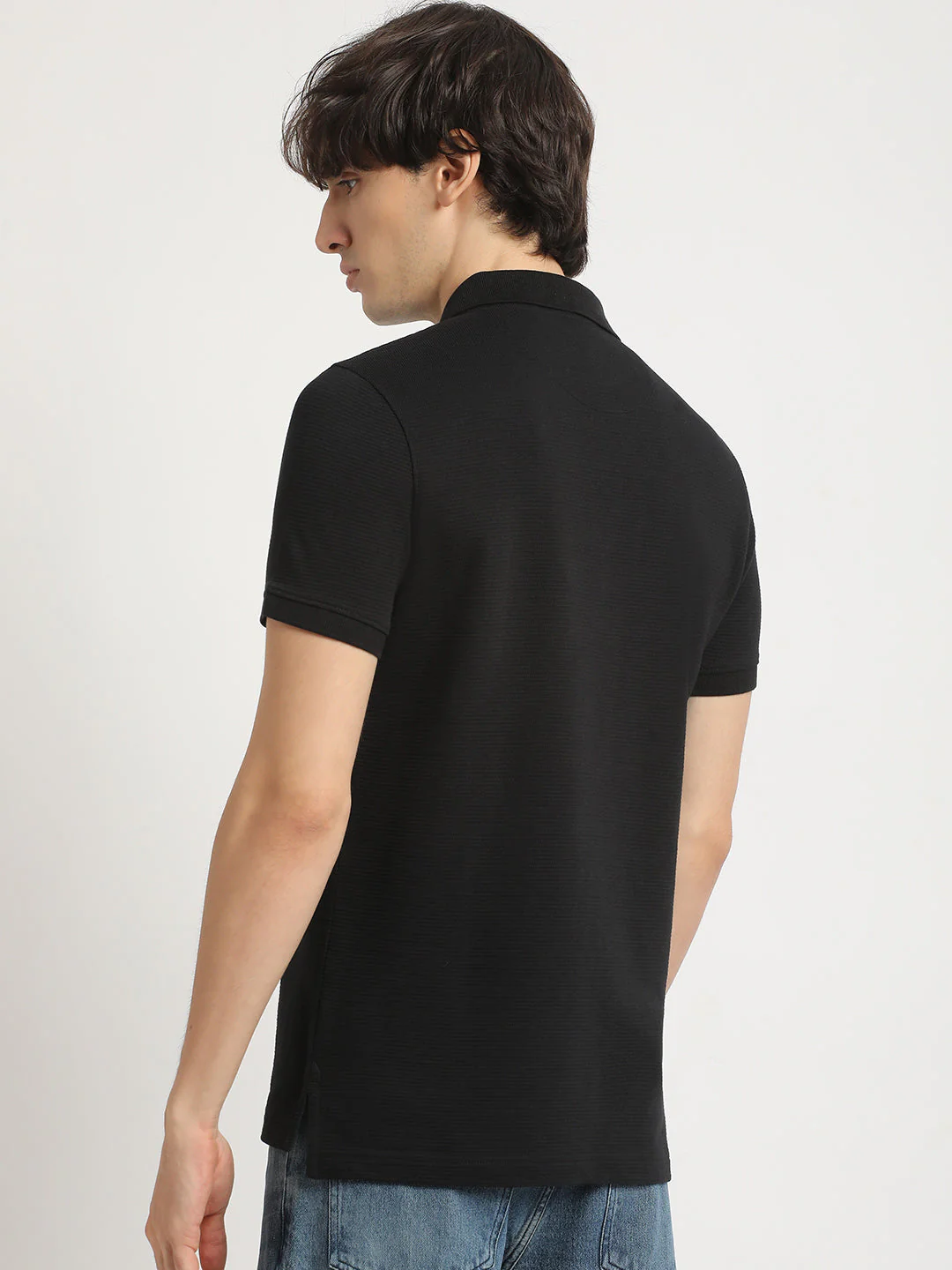 Men Black Self Design Regular Fit Polo Collar Tshirt - Image 4