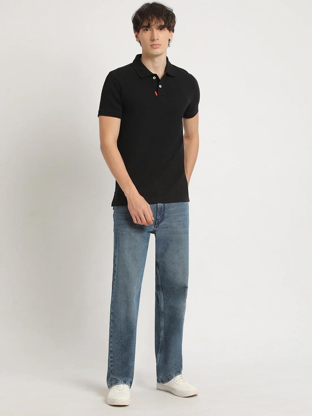 Men Black Self Design Regular Fit Polo Collar Tshirt - Image 5