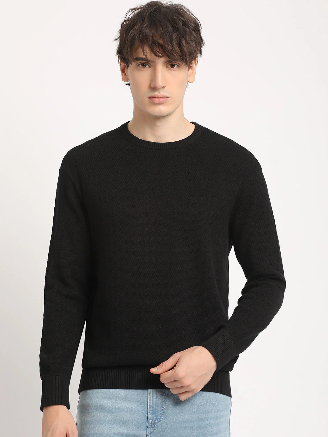 Men Black Self Design Relaxed Fit T-shirt - Image 2
