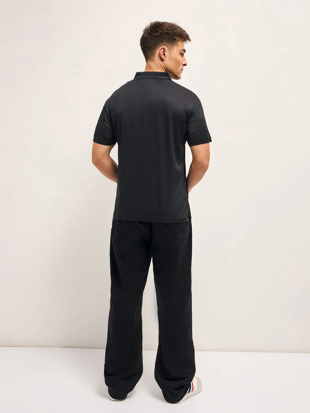 Men Black Self Design Slim Fit Classic Polo T-shirt - Image 2