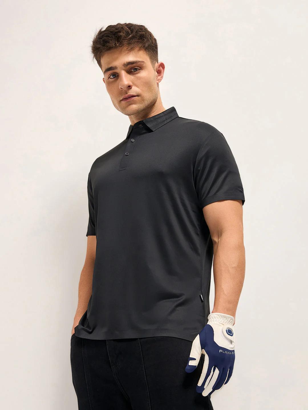 Men Black Self Design Slim Fit Classic Polo T-shirt - Image 3