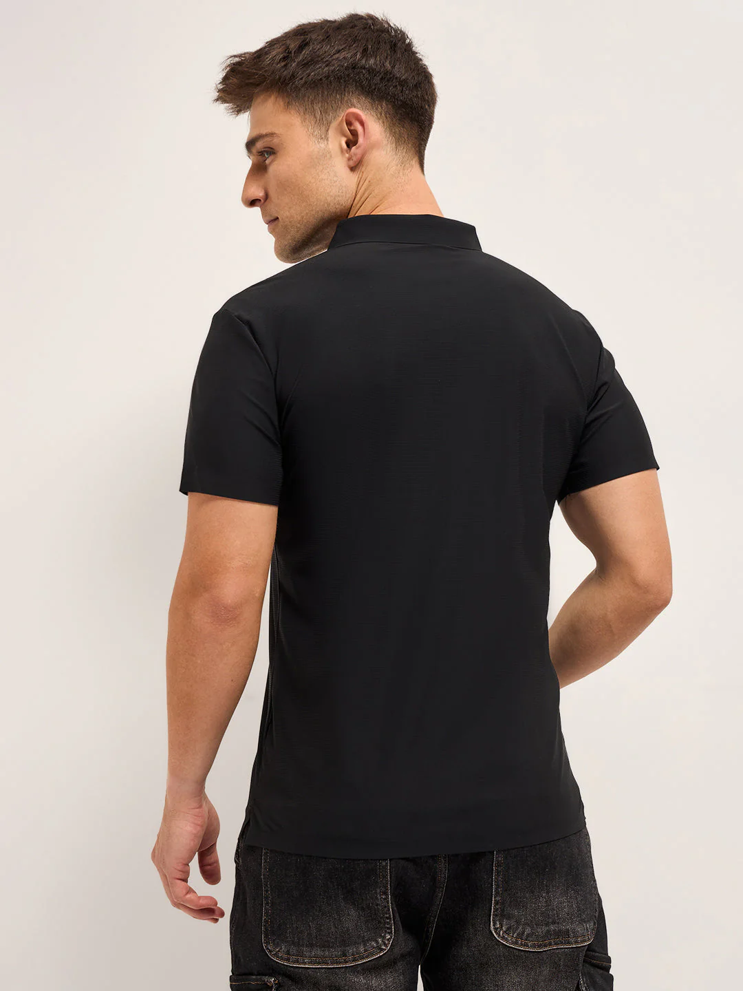 Men Black Self Design Slim Fit Polo T-shirt - Image 2