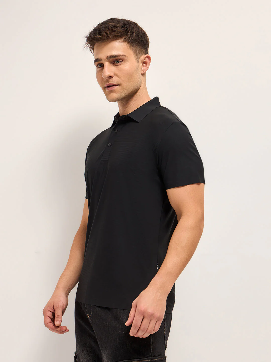 Men Black Self Design Slim Fit Polo T-shirt - Image 3