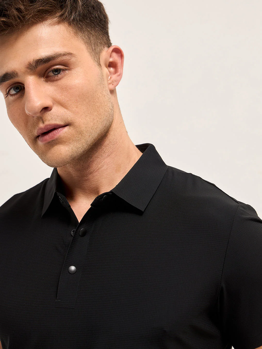 Men Black Self Design Slim Fit Polo T-shirt - Image 5