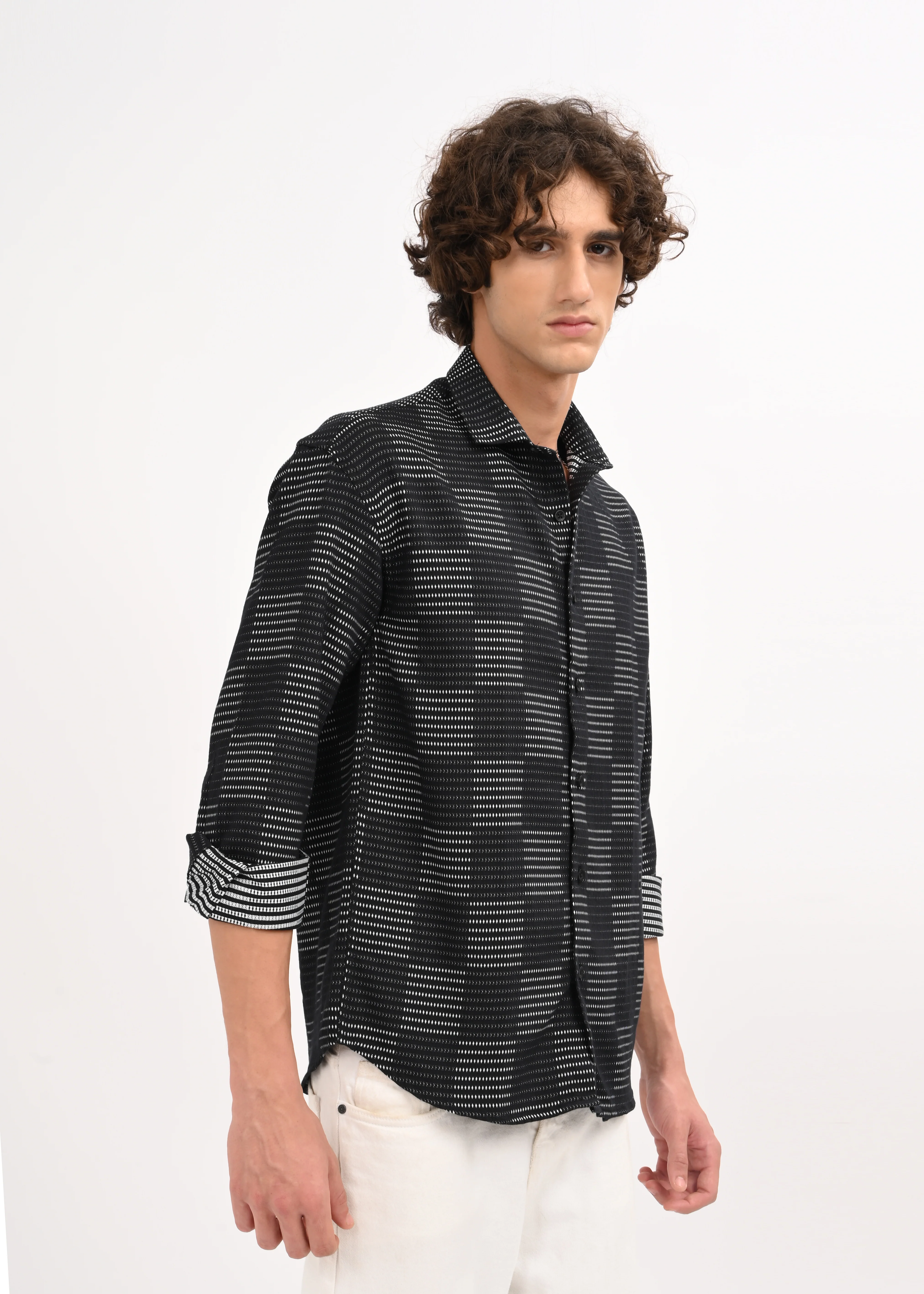 Men Black Self Jacquard Shirt - Image 2