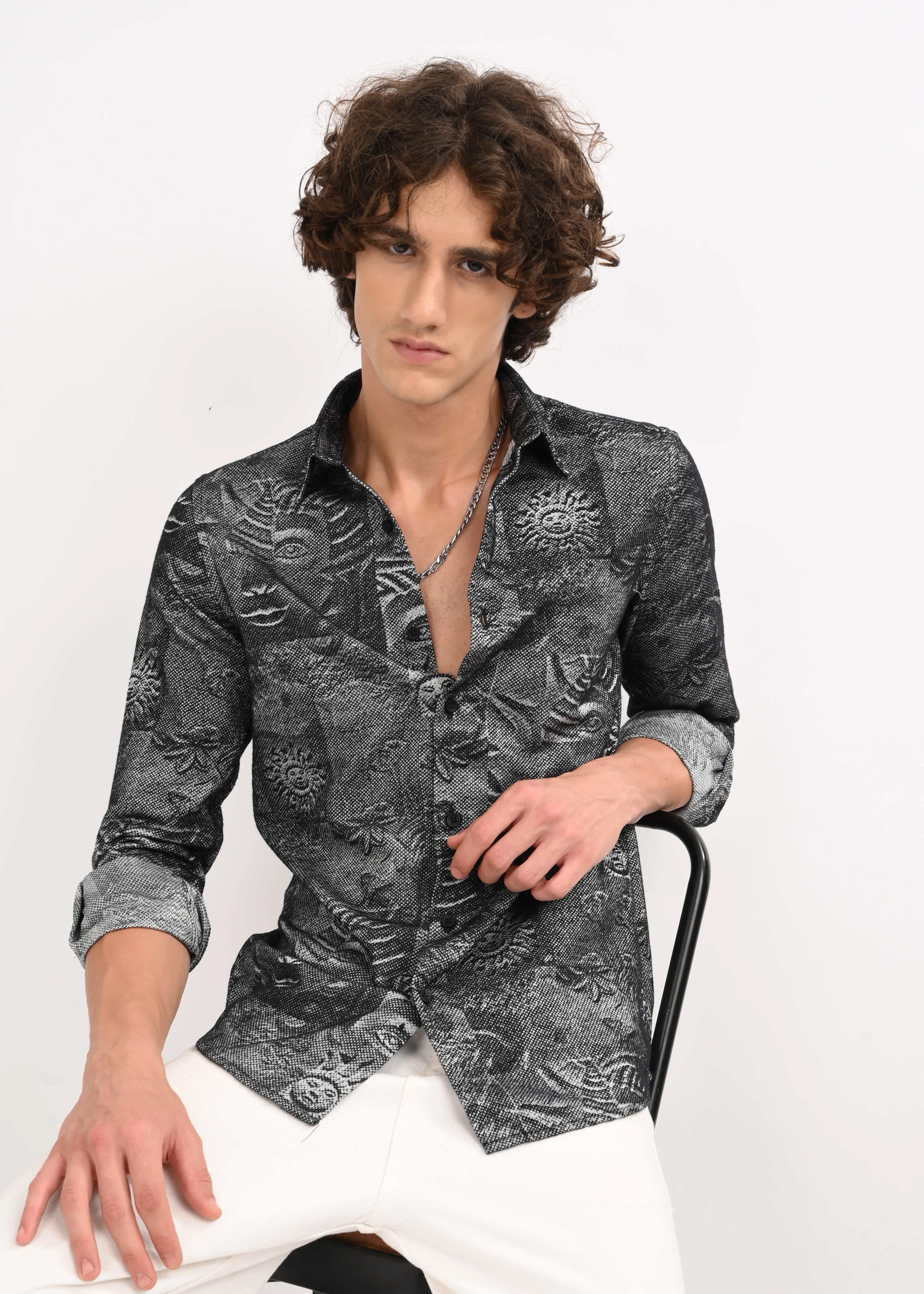 Men Black Self Jacquard Shirt - Image 2