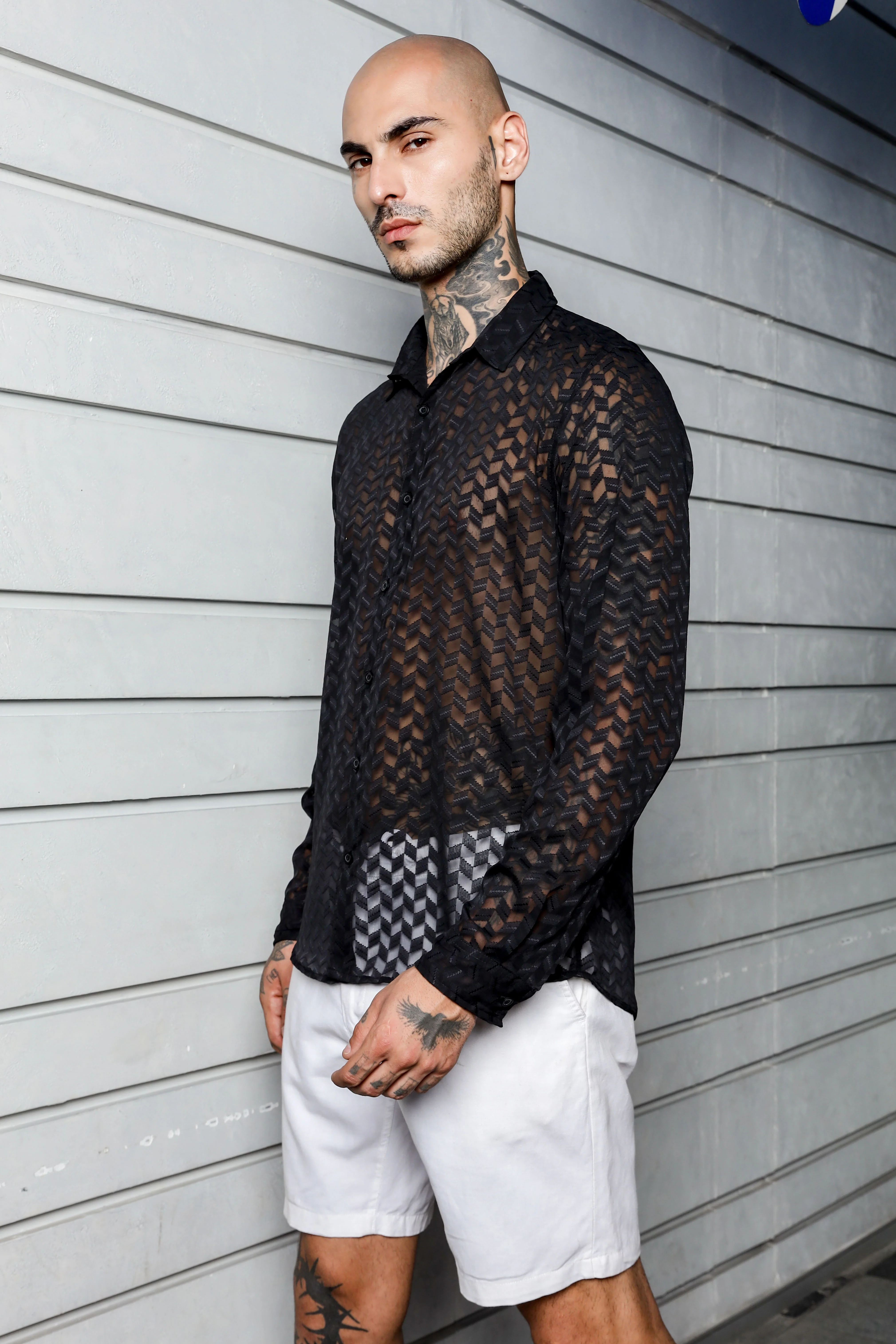 Men Black Semi Sheer Shirt - Image 5