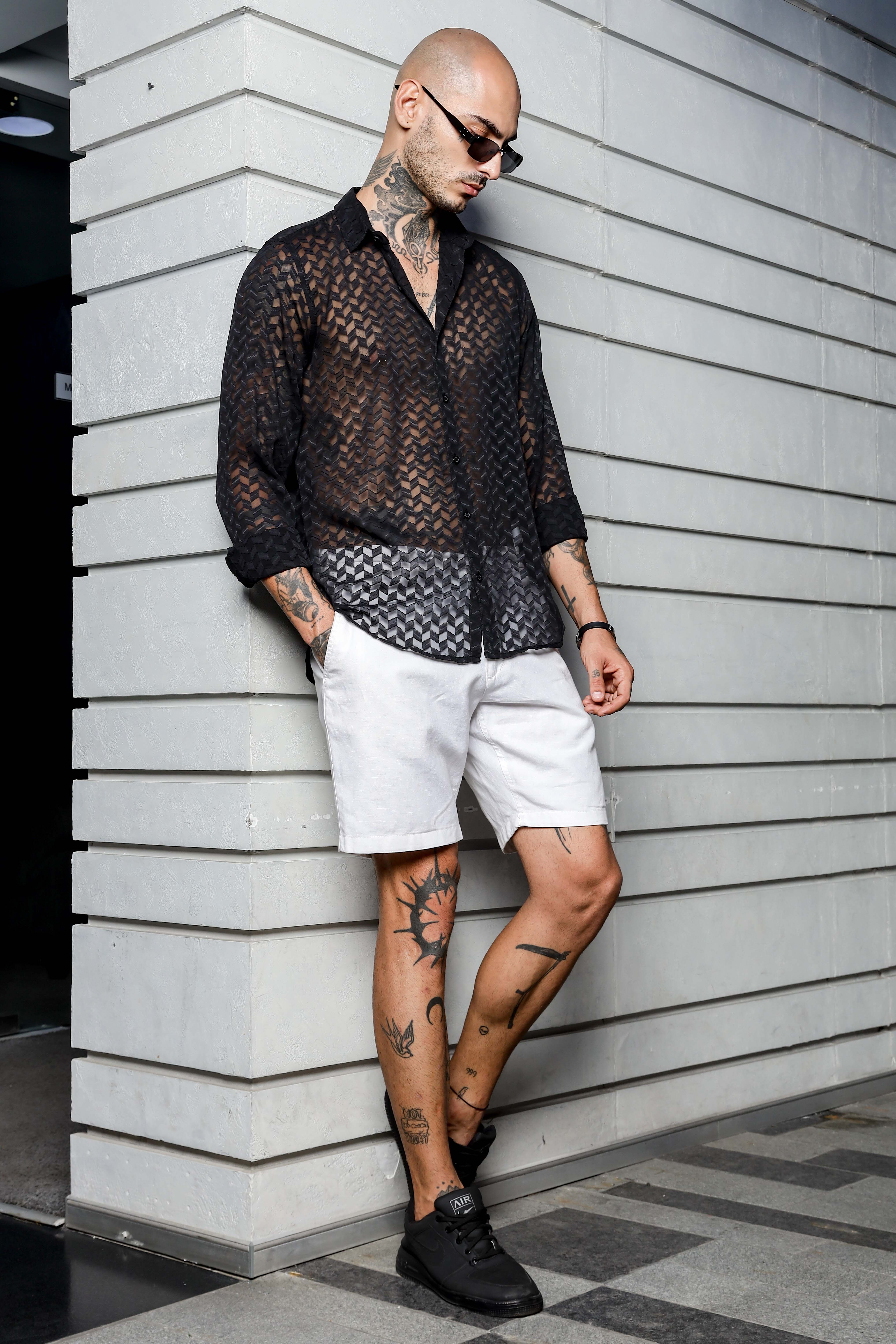 Men Black Semi Sheer Shirt - Image 7