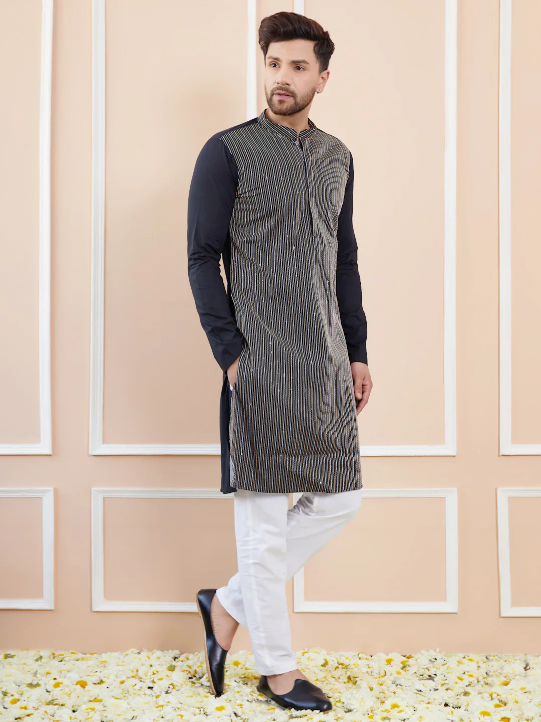 Men Black Sequins And Thread Worked Cotton Straight Kurta - Image 2