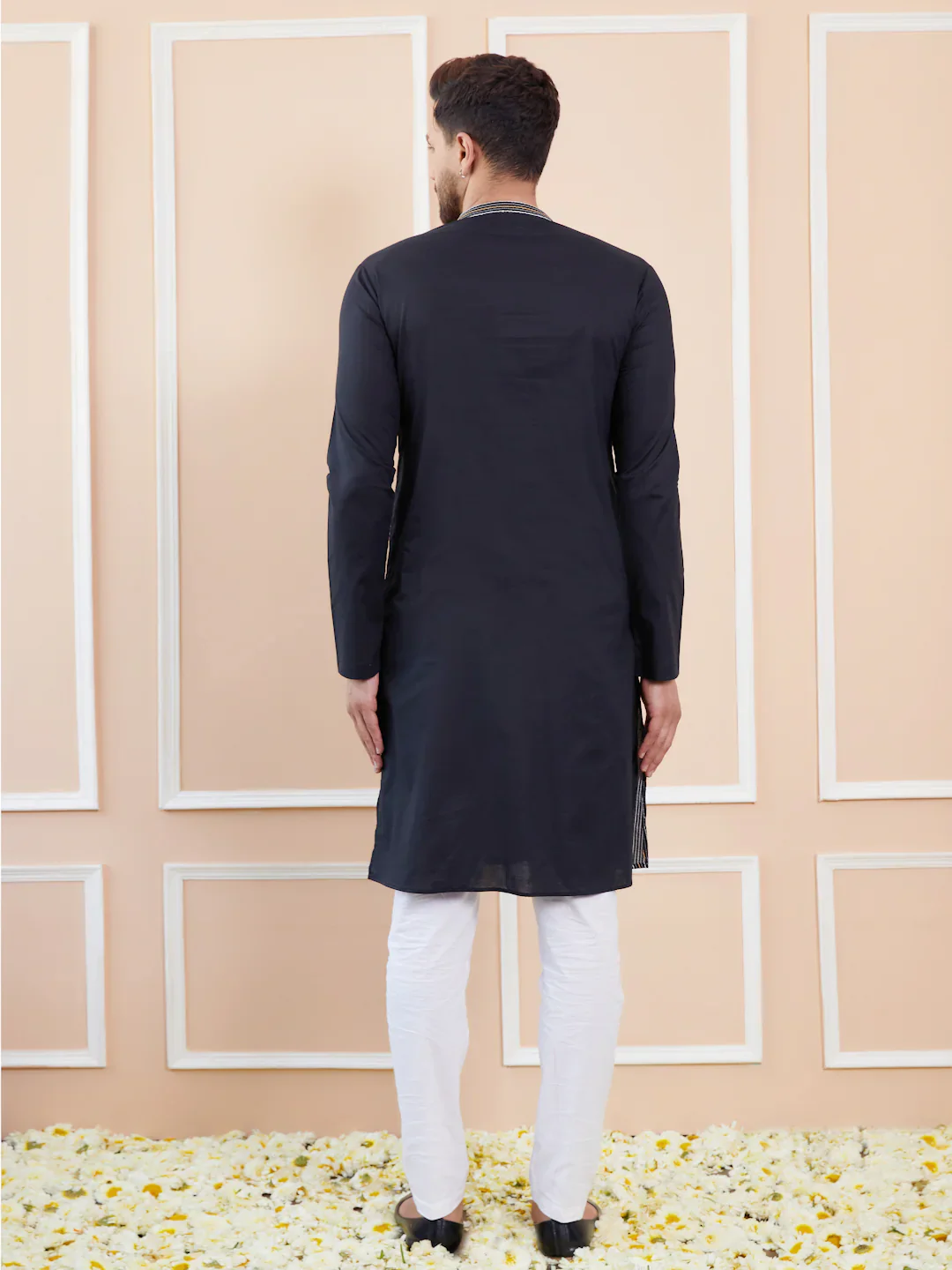 Men Black Sequins And Thread Worked Cotton Straight Kurta - Image 3