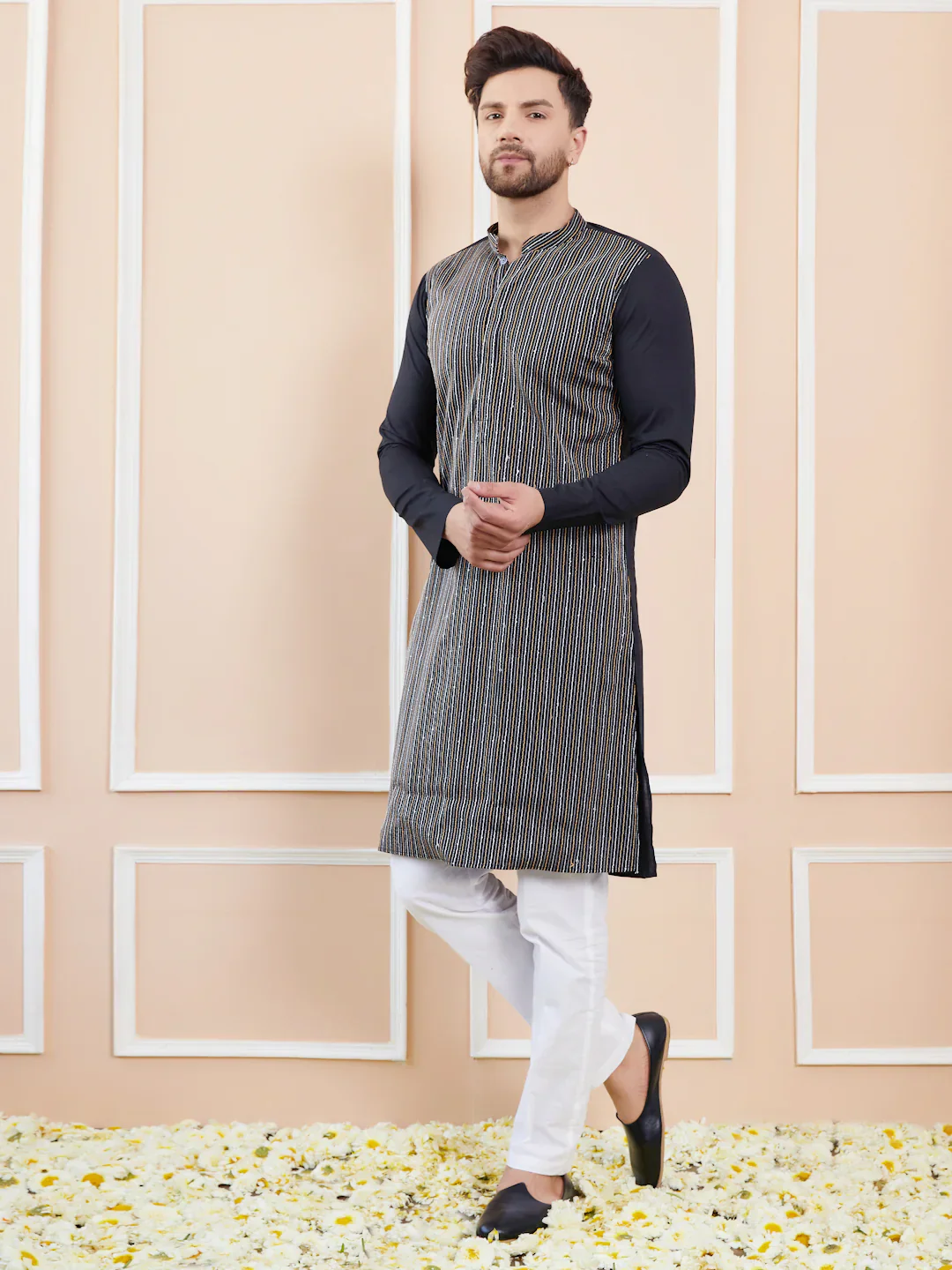 Men Black Sequins And Thread Worked Cotton Straight Kurta - Image 4