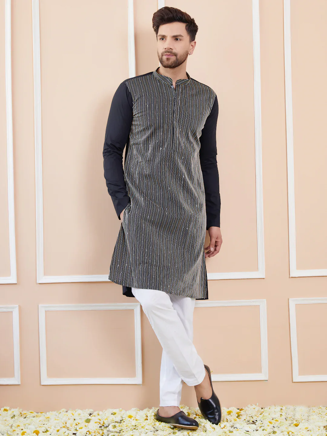 Men Black Sequins And Thread Worked Cotton Straight Kurta - Image 6