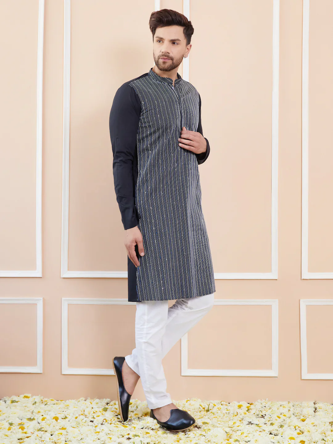 Men Black Sequins And Thread Worked Cotton Straight Kurta - Image 2