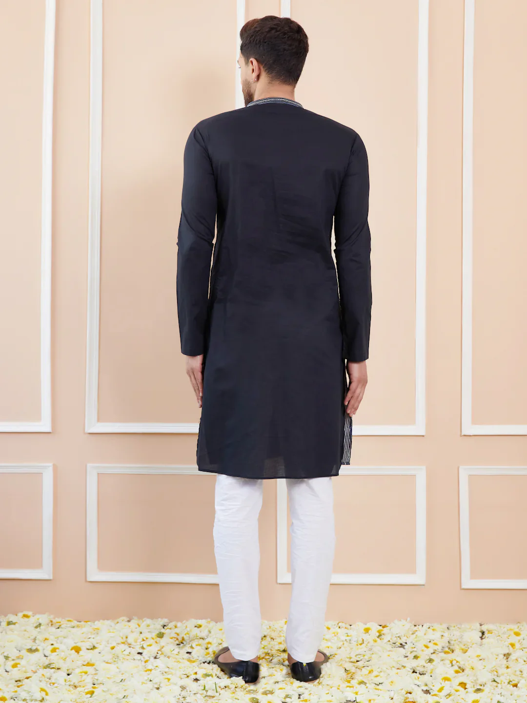 Men Black Sequins And Thread Worked Cotton Straight Kurta - Image 3