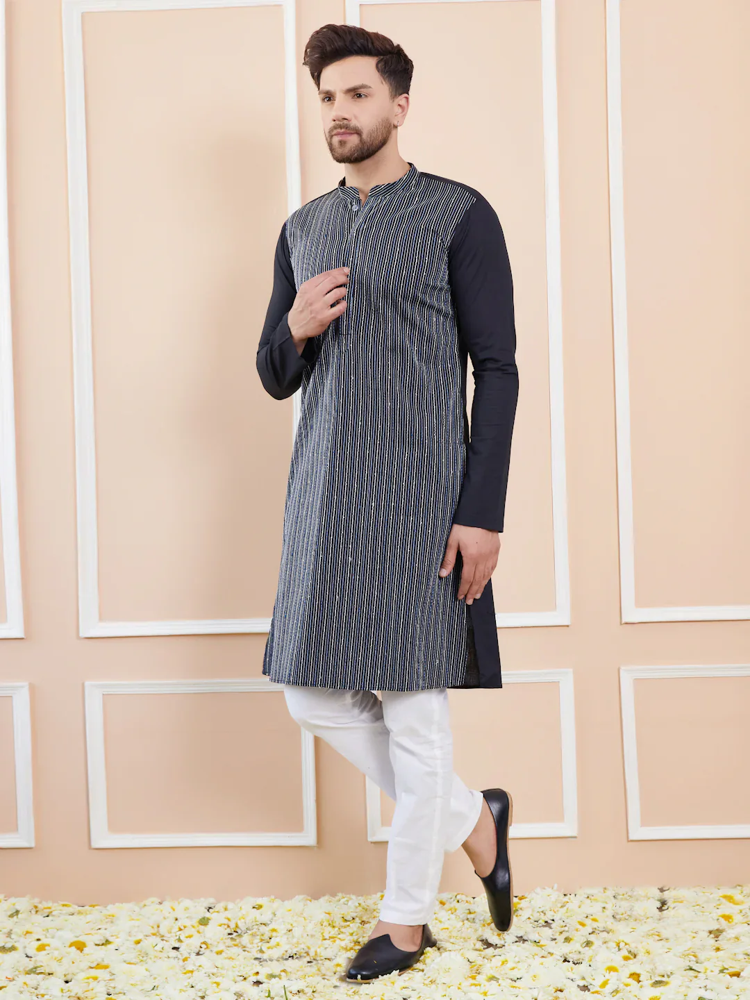Men Black Sequins And Thread Worked Cotton Straight Kurta - Image 4