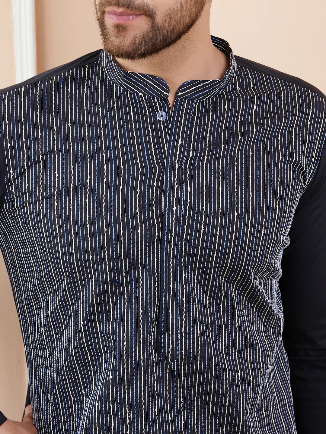 Men Black Sequins And Thread Worked Cotton Straight Kurta - Image 5