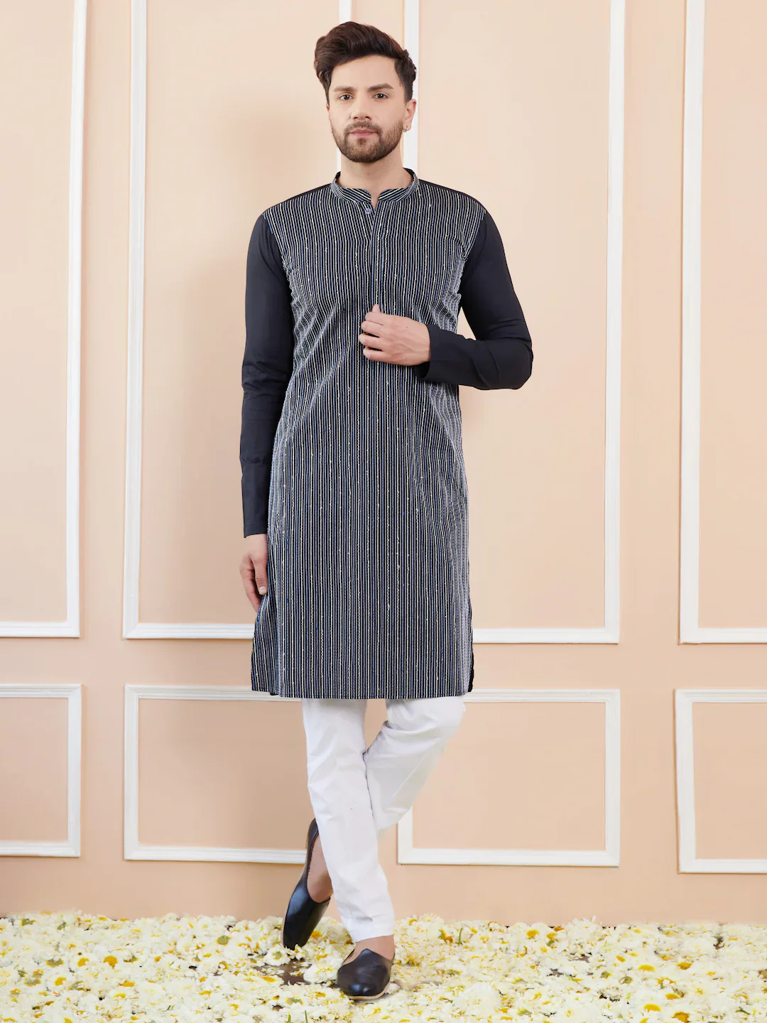 Men Black Sequins And Thread Worked Cotton Straight Kurta - Image 6