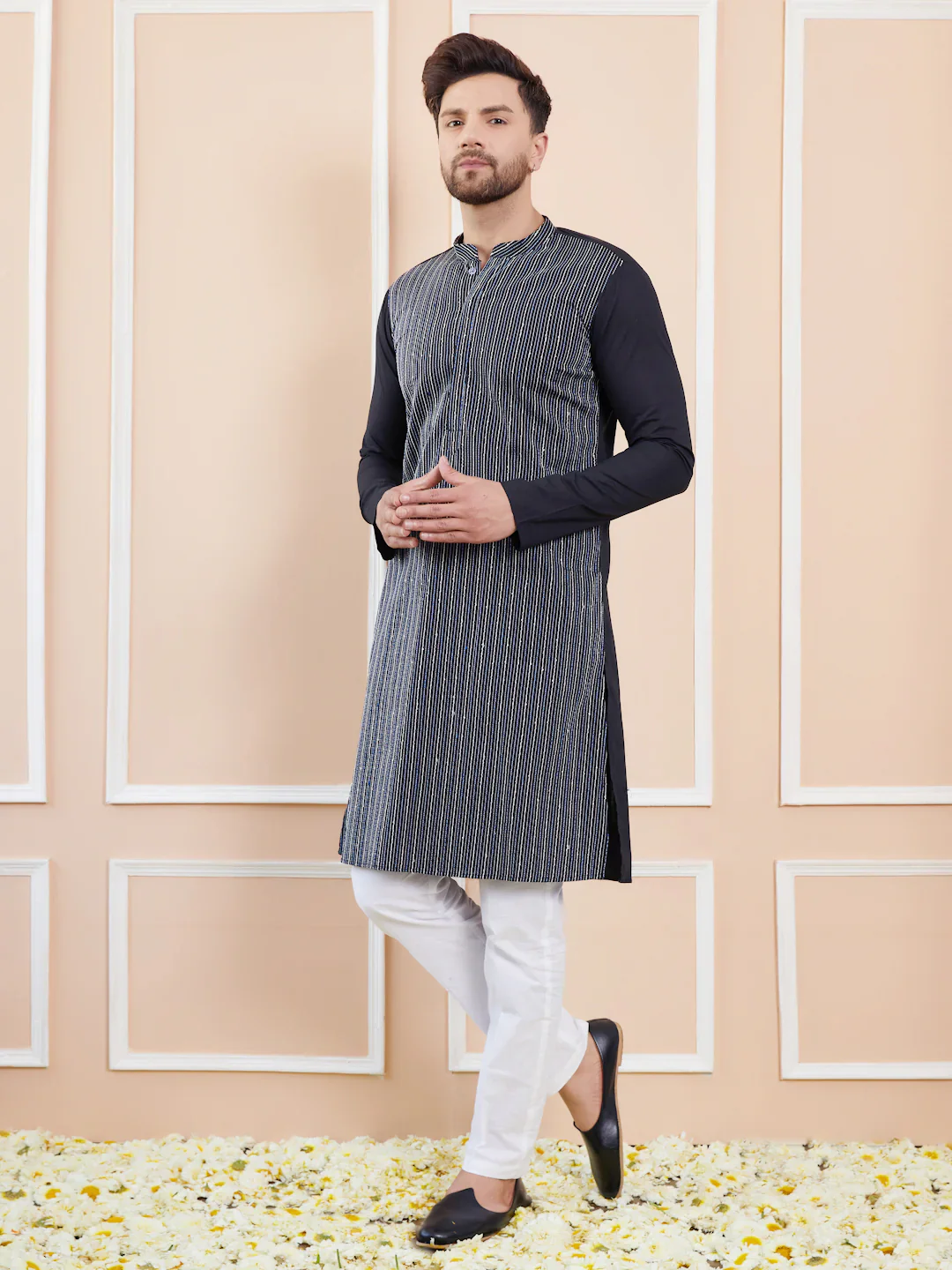 Men Black Sequins And Thread Worked Cotton Straight Kurta - Image 7