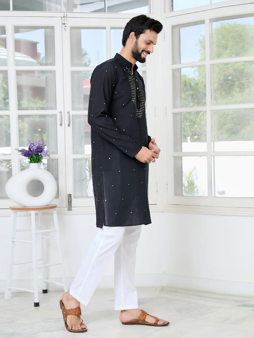 Men Black Sequins Embroidered Chanderi Straight Kurta With Yoke Design - Image 2