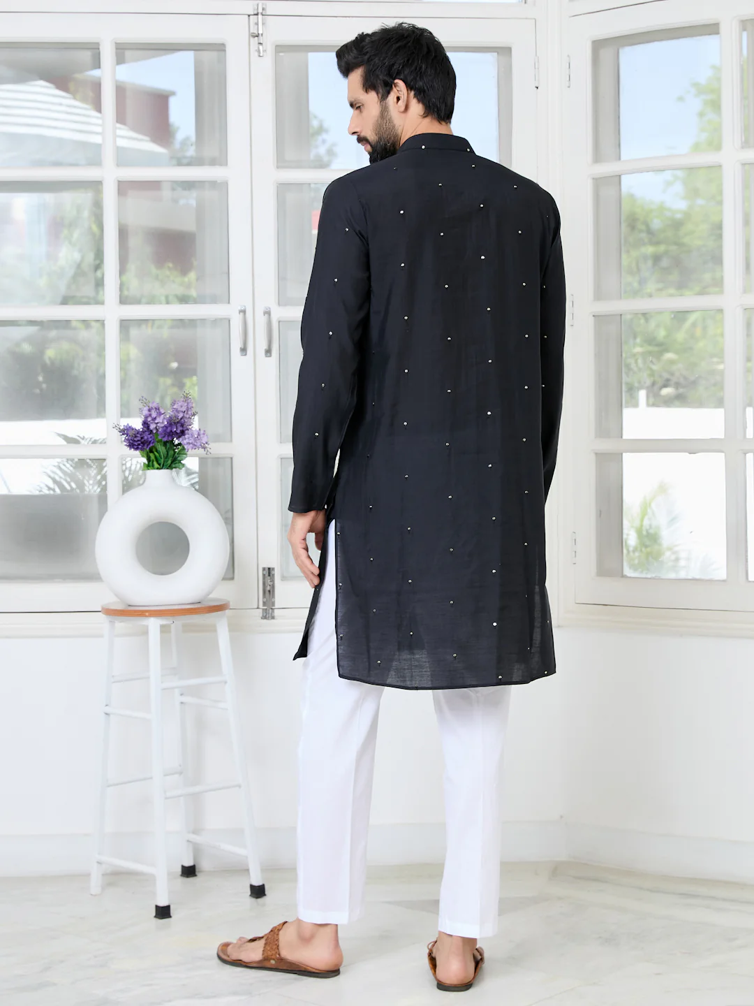 Men Black Sequins Embroidered Chanderi Straight Kurta With Yoke Design - Image 3