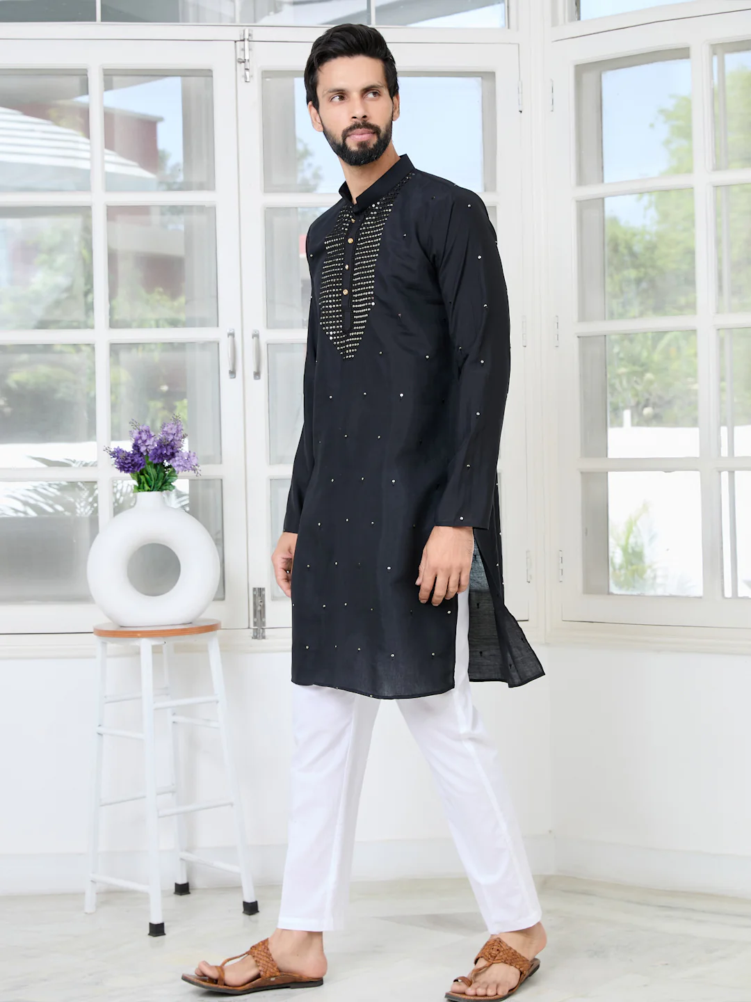 Men Black Sequins Embroidered Chanderi Straight Kurta With Yoke Design - Image 4