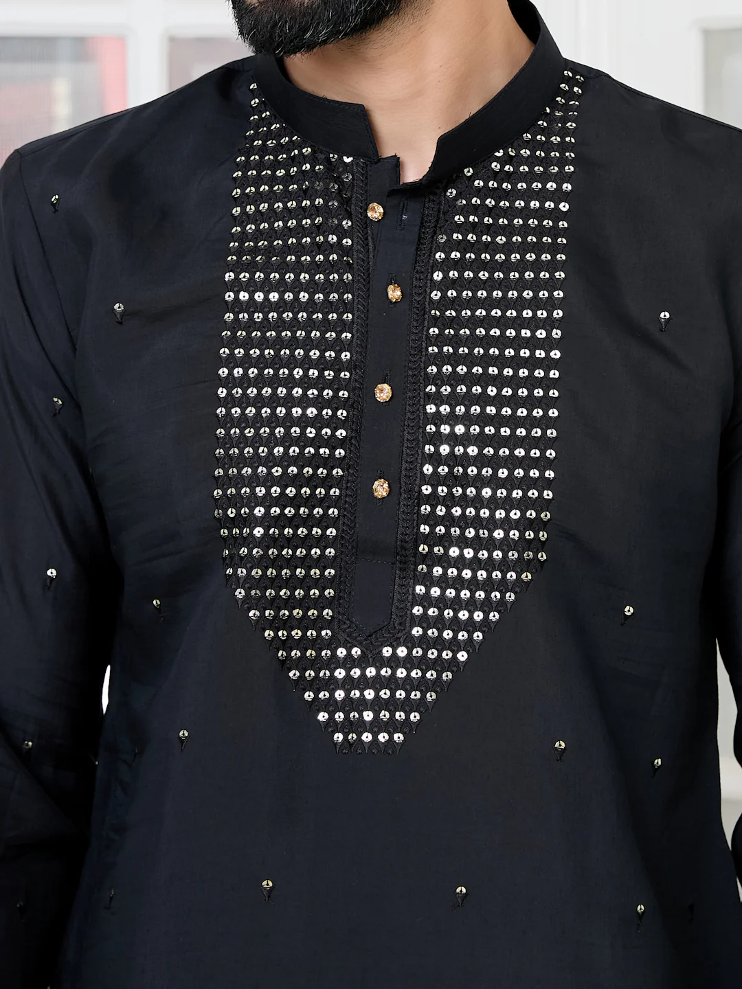 Men Black Sequins Embroidered Chanderi Straight Kurta With Yoke Design - Image 5