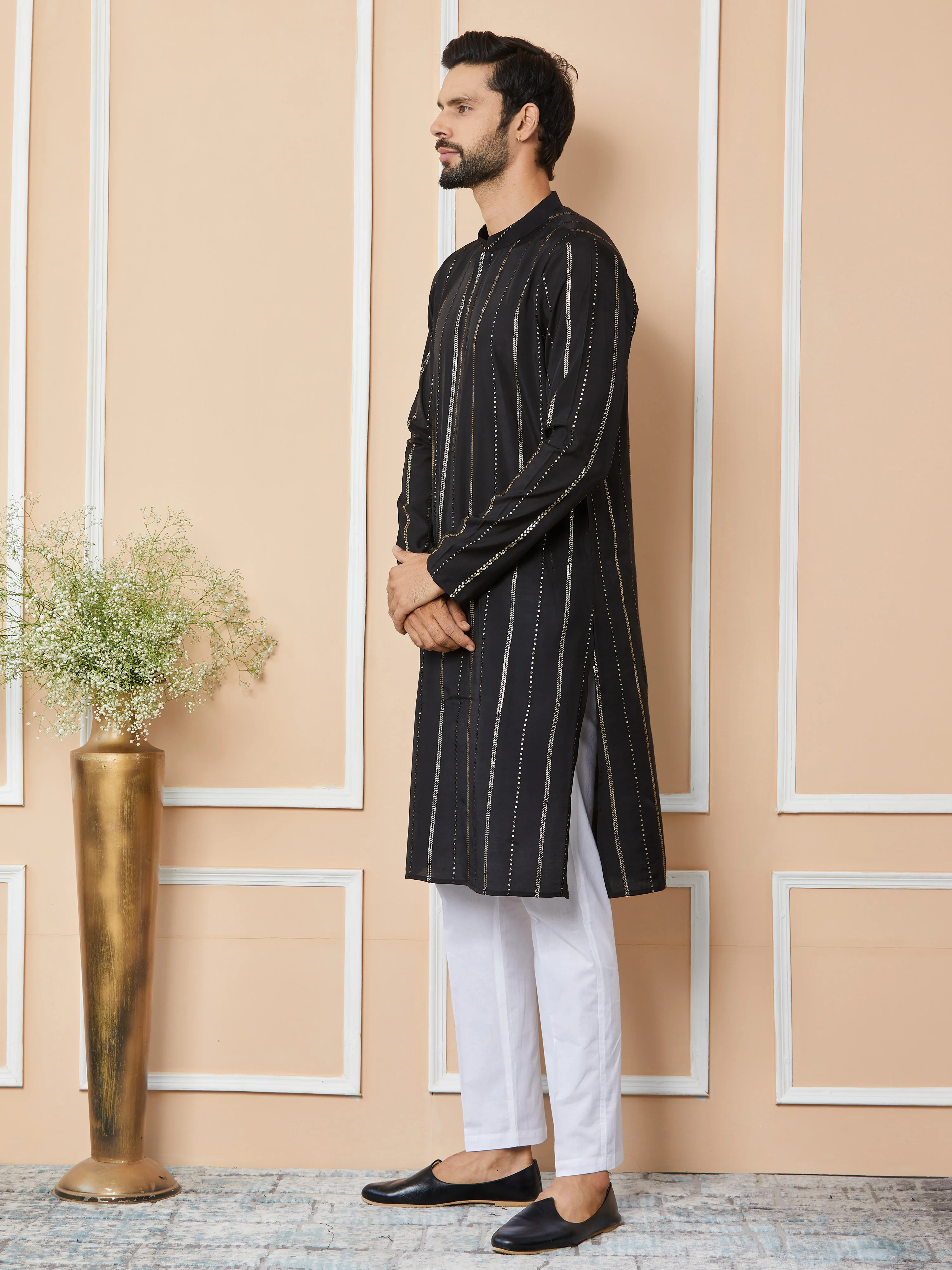 Men Black Sequins Embroidered Pure Chanderi Silk Straight Kurta - Image 2
