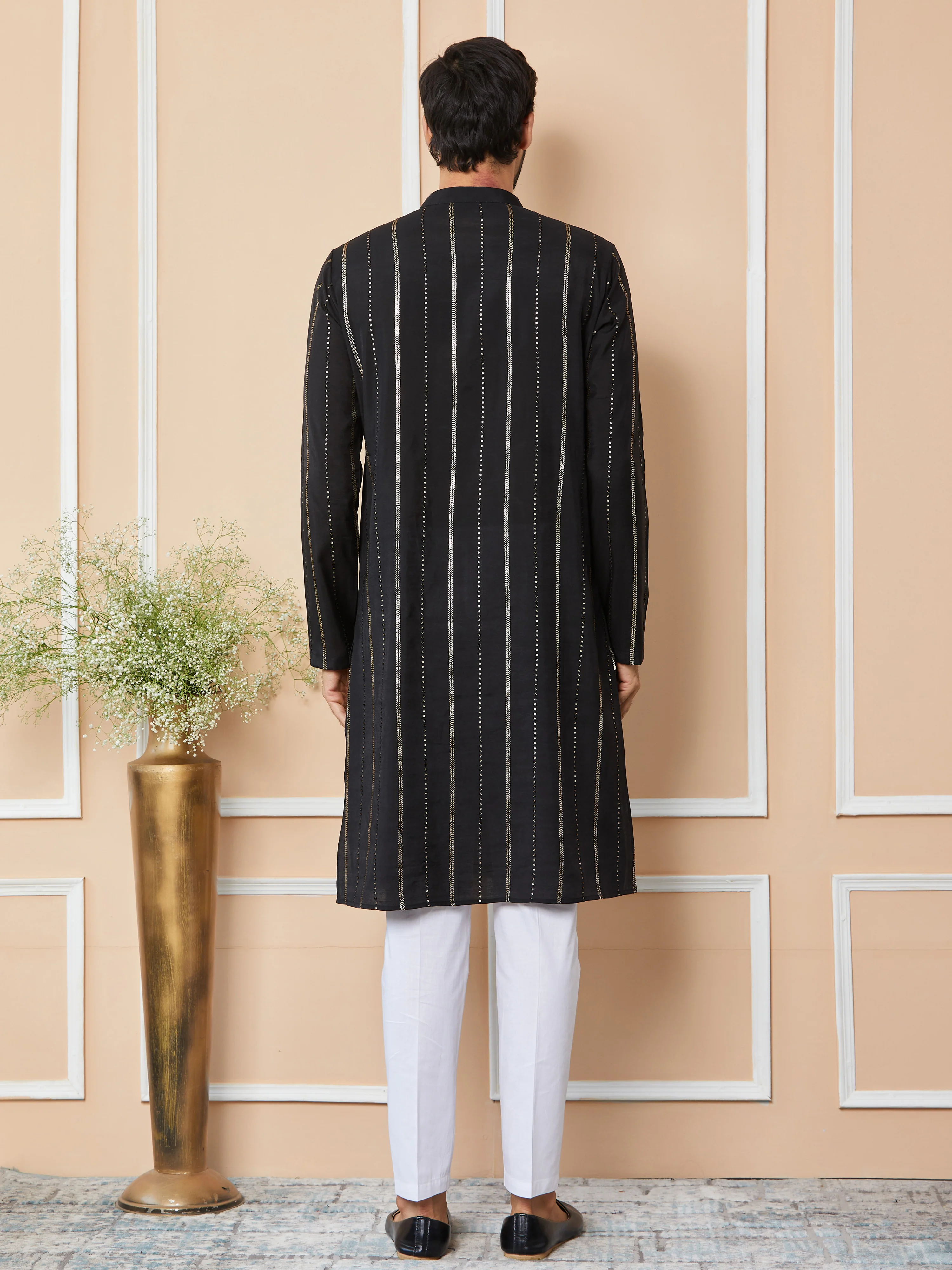 Men Black Sequins Embroidered Pure Chanderi Silk Straight Kurta - Image 3