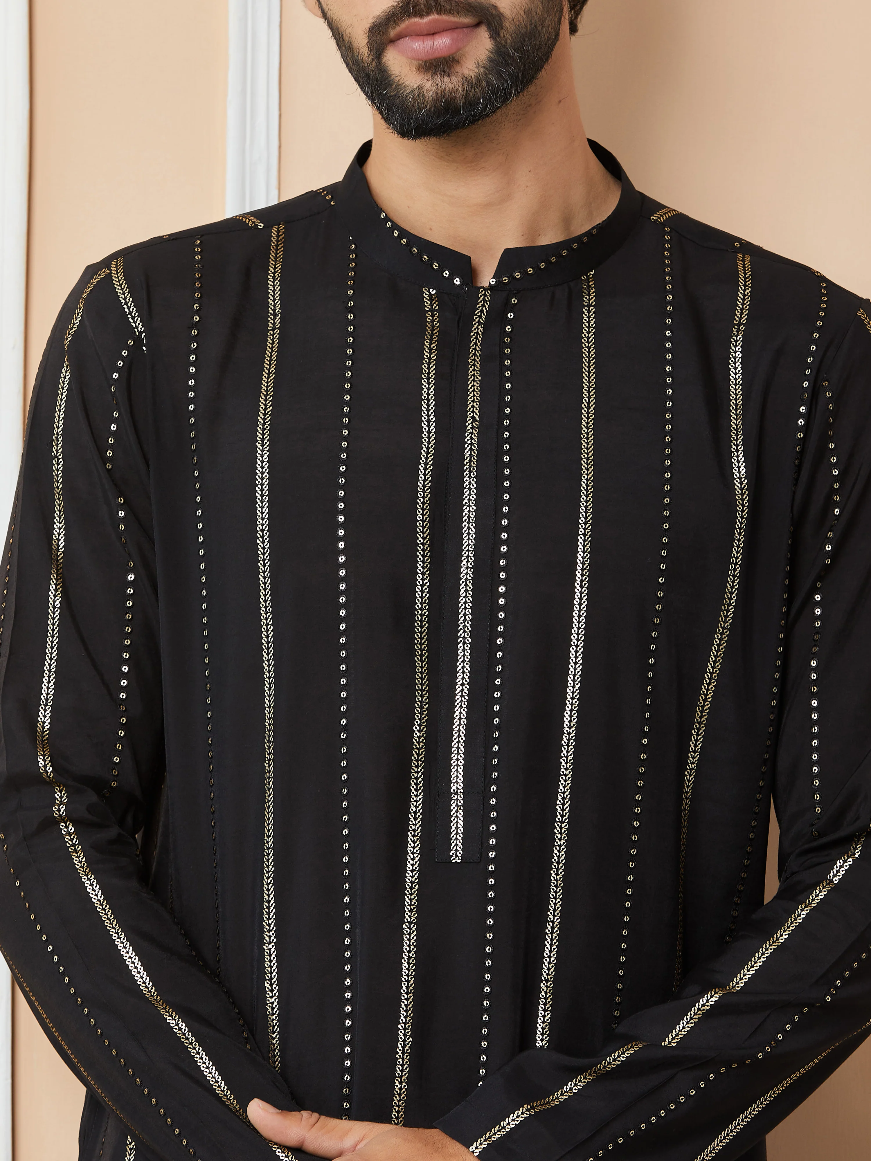 Men Black Sequins Embroidered Pure Chanderi Silk Straight Kurta - Image 4