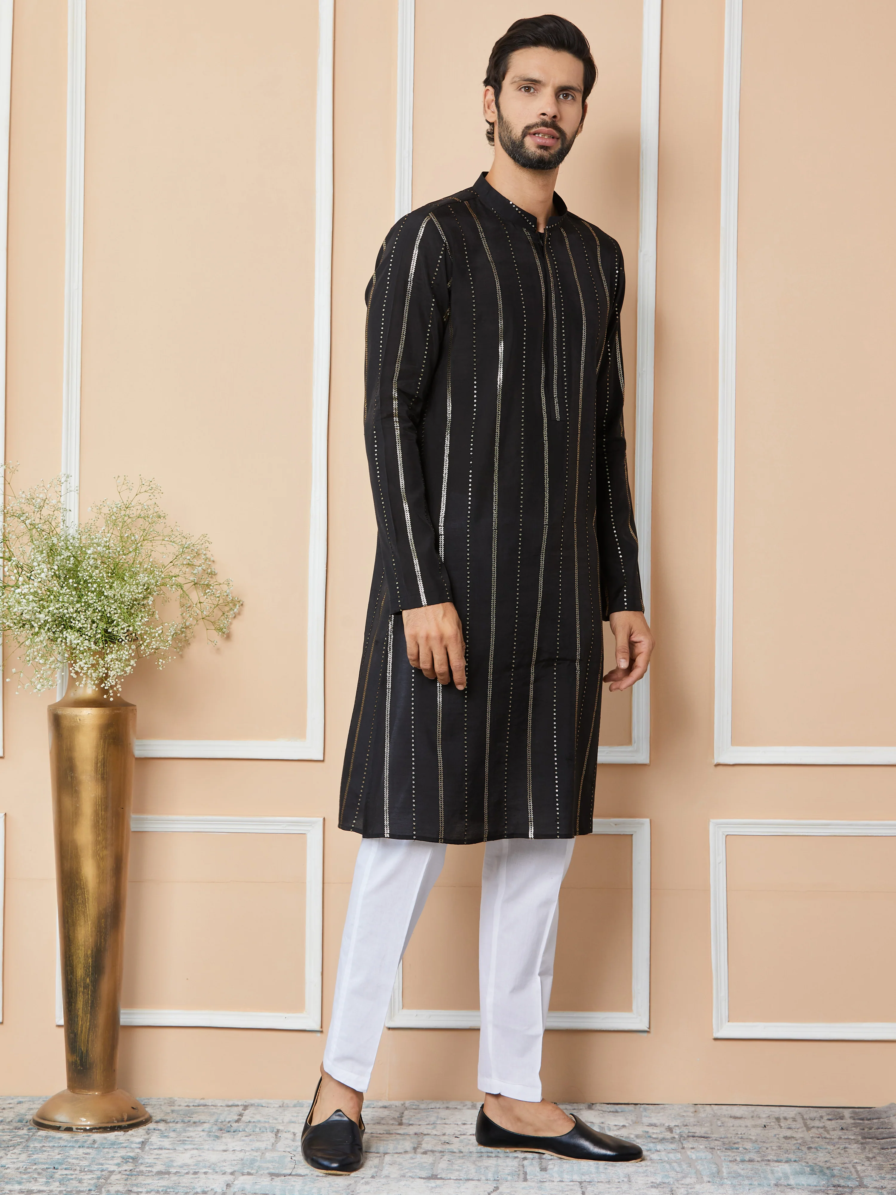 Men Black Sequins Embroidered Pure Chanderi Silk Straight Kurta - Image 5