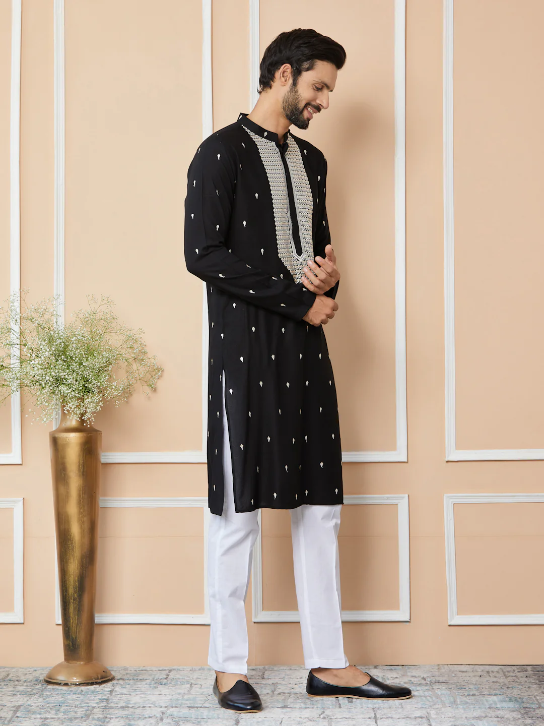 Men Black Sequins Embroidered Rayon Straight Kurta With Yoke Design - Image 2