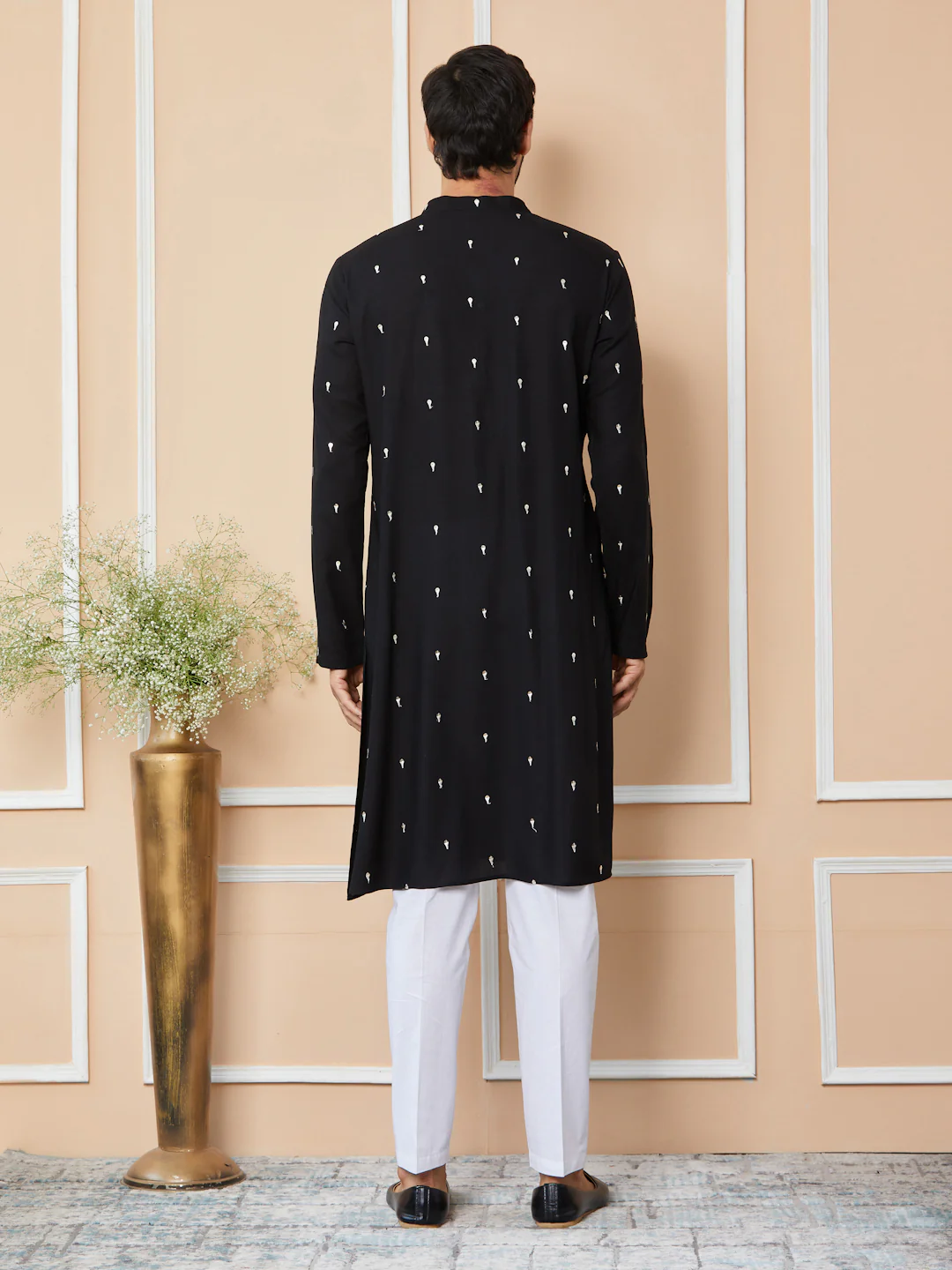 Men Black Sequins Embroidered Rayon Straight Kurta With Yoke Design - Image 3
